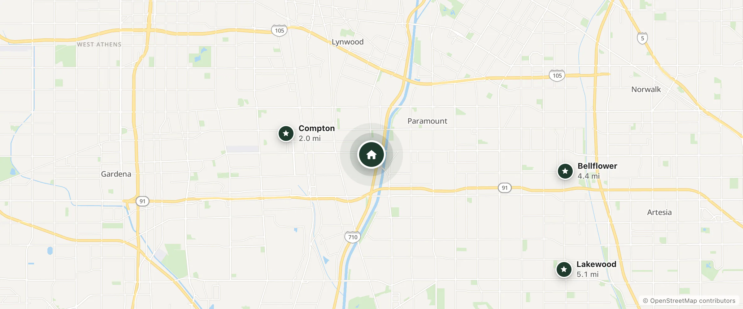 Map of Bronco Motor Inn and nearby Compton, Bellflower and Lakewood