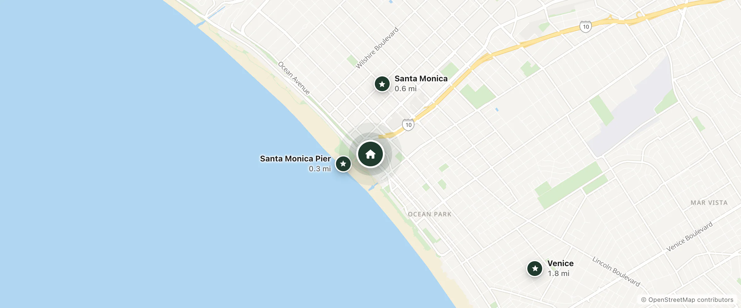 Map of Ocean Lodge Santa Monica Beach Hotel and nearby Santa Monica Pier, Santa Monica and Venice