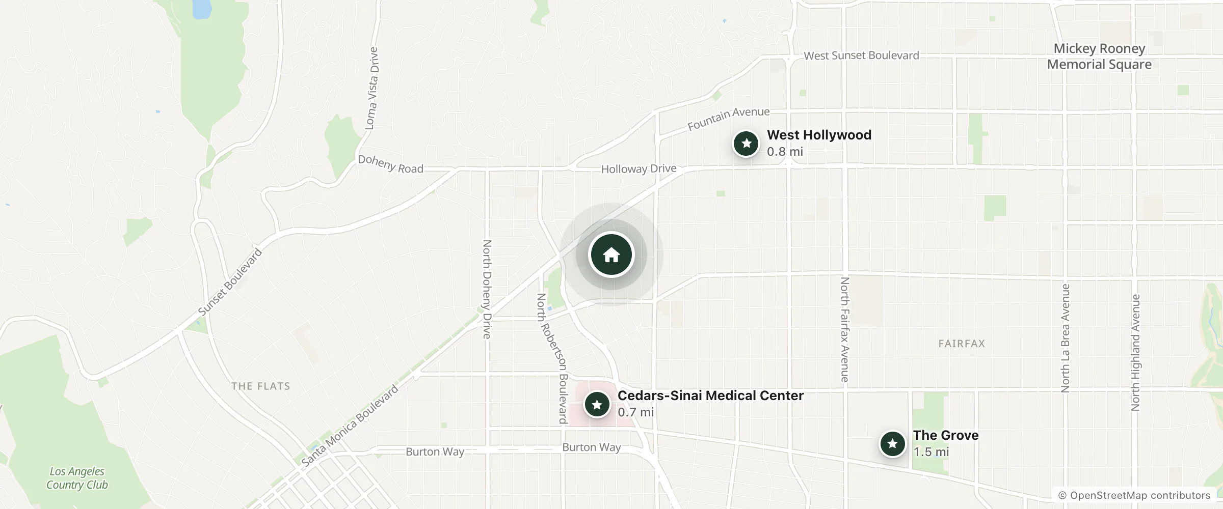 Map of Los Angeles Guest Suites and nearby Cedars-Sinai Medical Center, West Hollywood and The Grove
