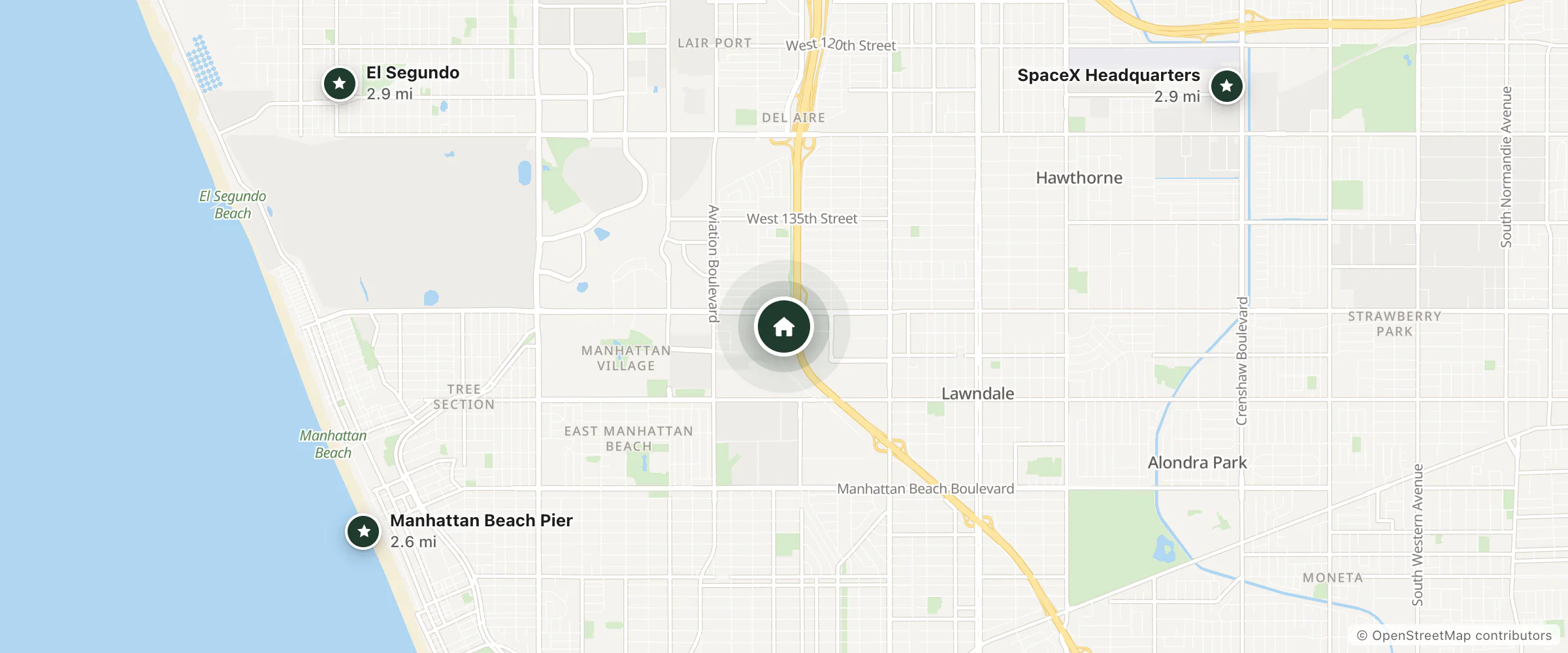 Map of Ayres Hotel Manhattan Beach/Hawthorne and nearby Manhattan Beach Pier, SpaceX Headquarters and El Segundo