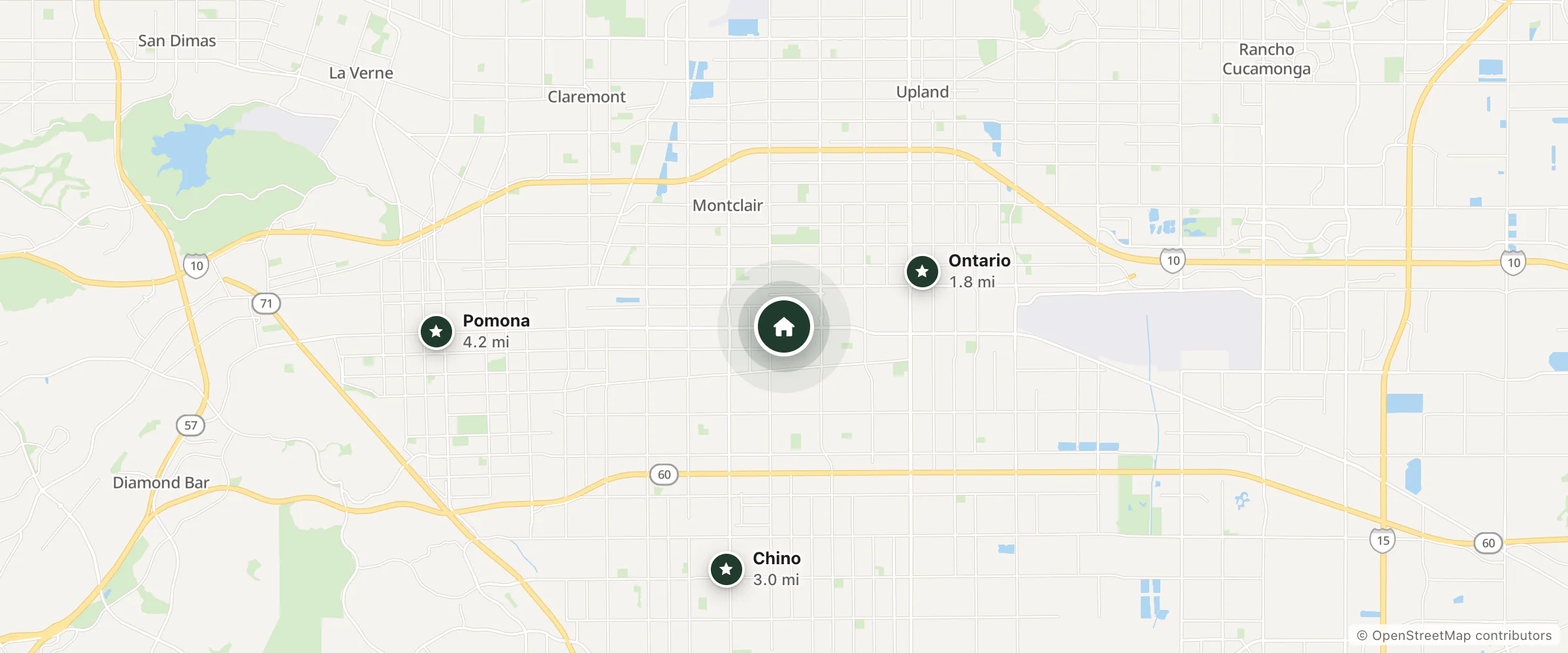 Map of Rancho Motel and nearby Ontario, Chino and Pomona