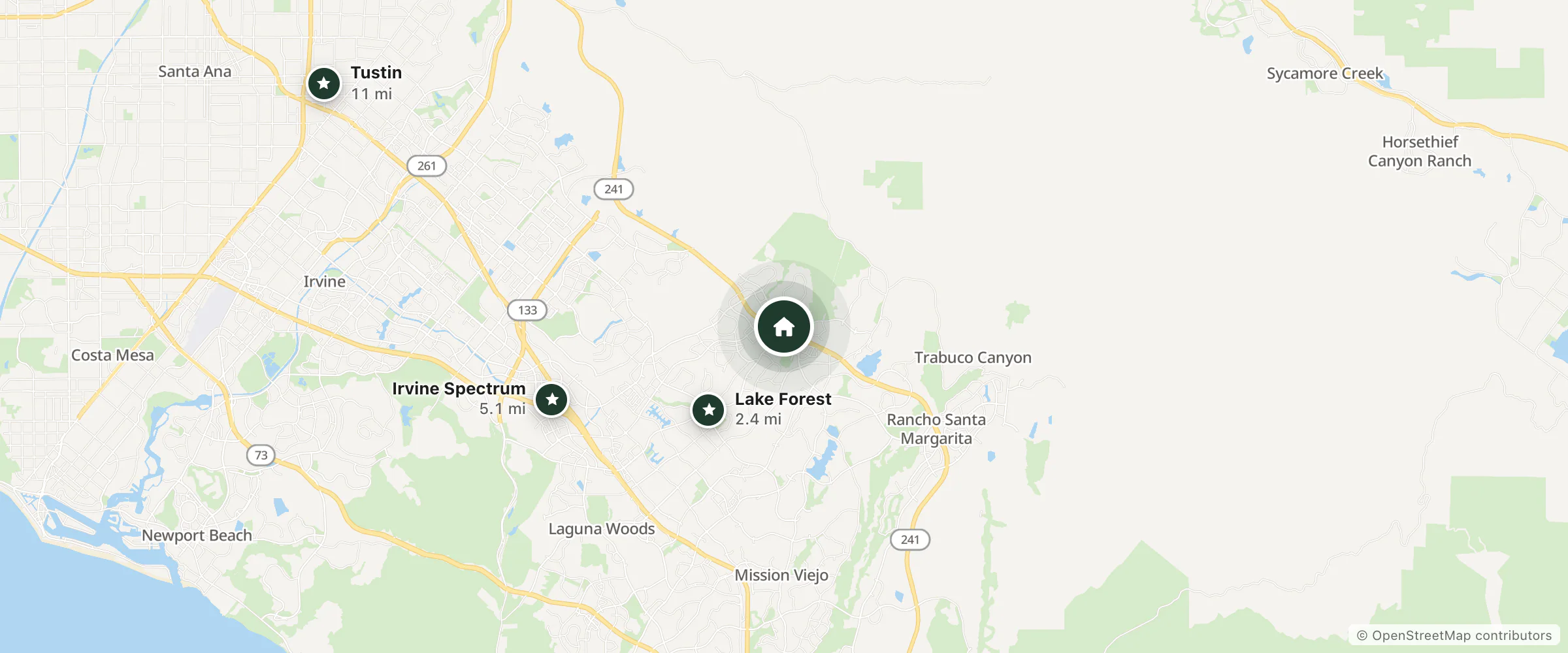 Map of Hilton Garden Inn and nearby Lake Forest, Irvine Spectrum and Tustin