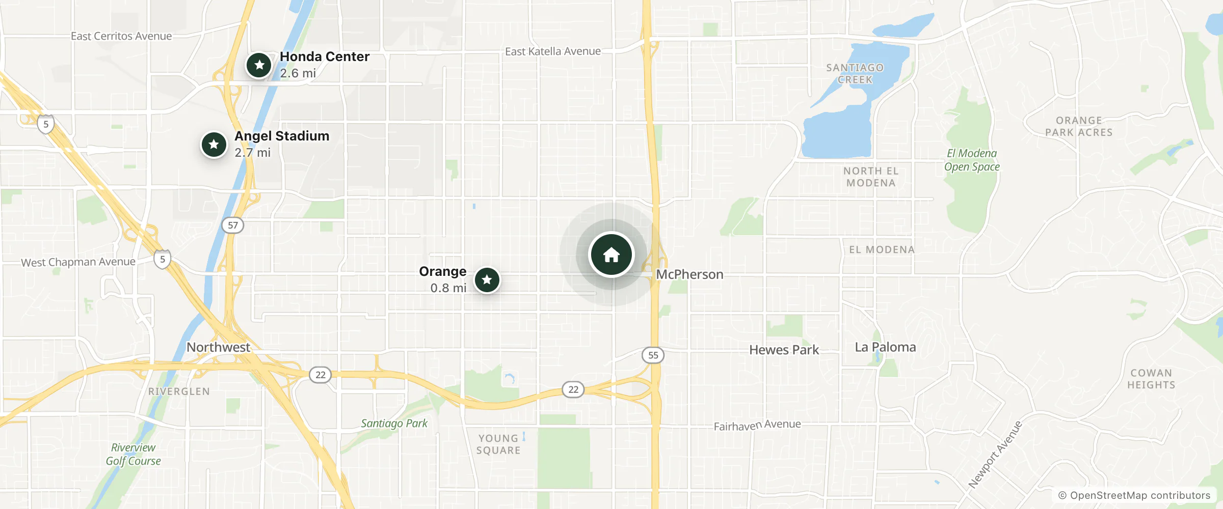 Map of Sky Palm Motel and nearby Orange, Honda Center and Angel Stadium