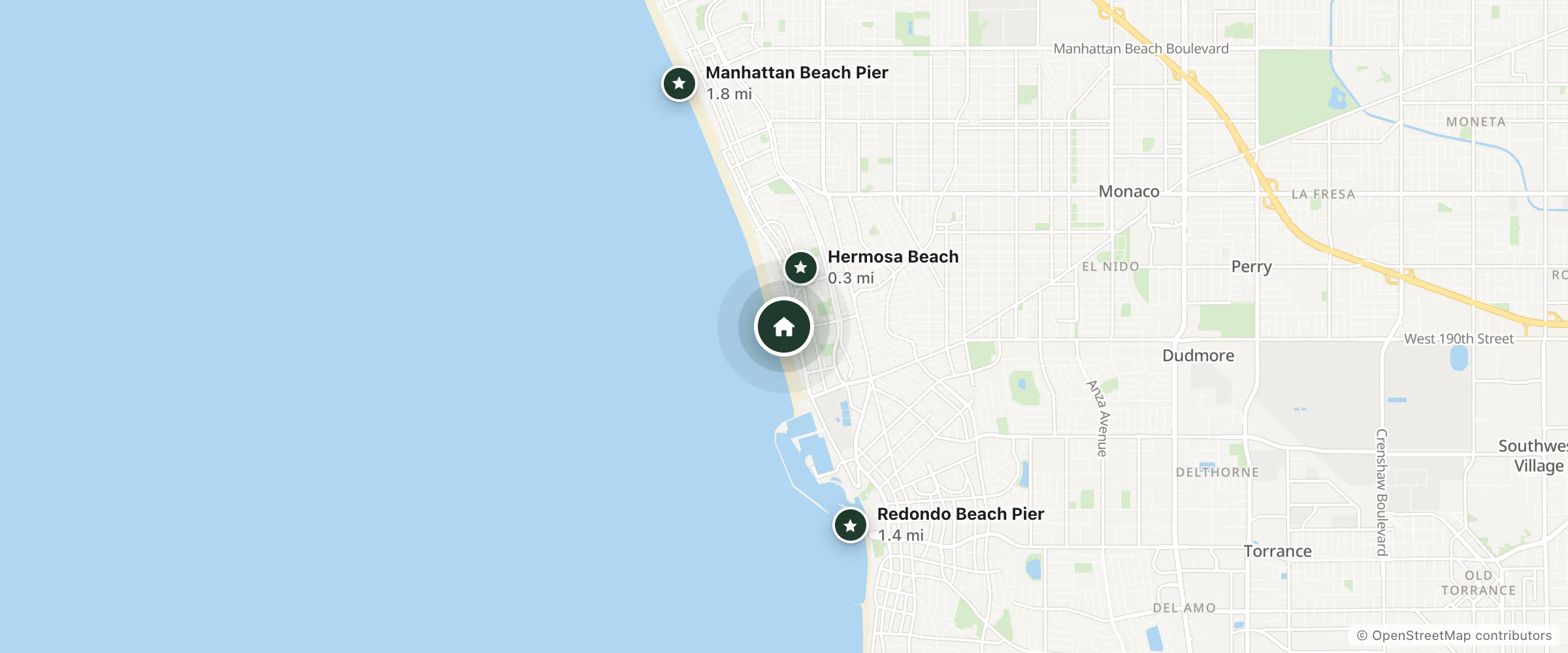 Map of The Vurpillat and nearby Hermosa Beach, Redondo Beach Pier and Manhattan Beach Pier