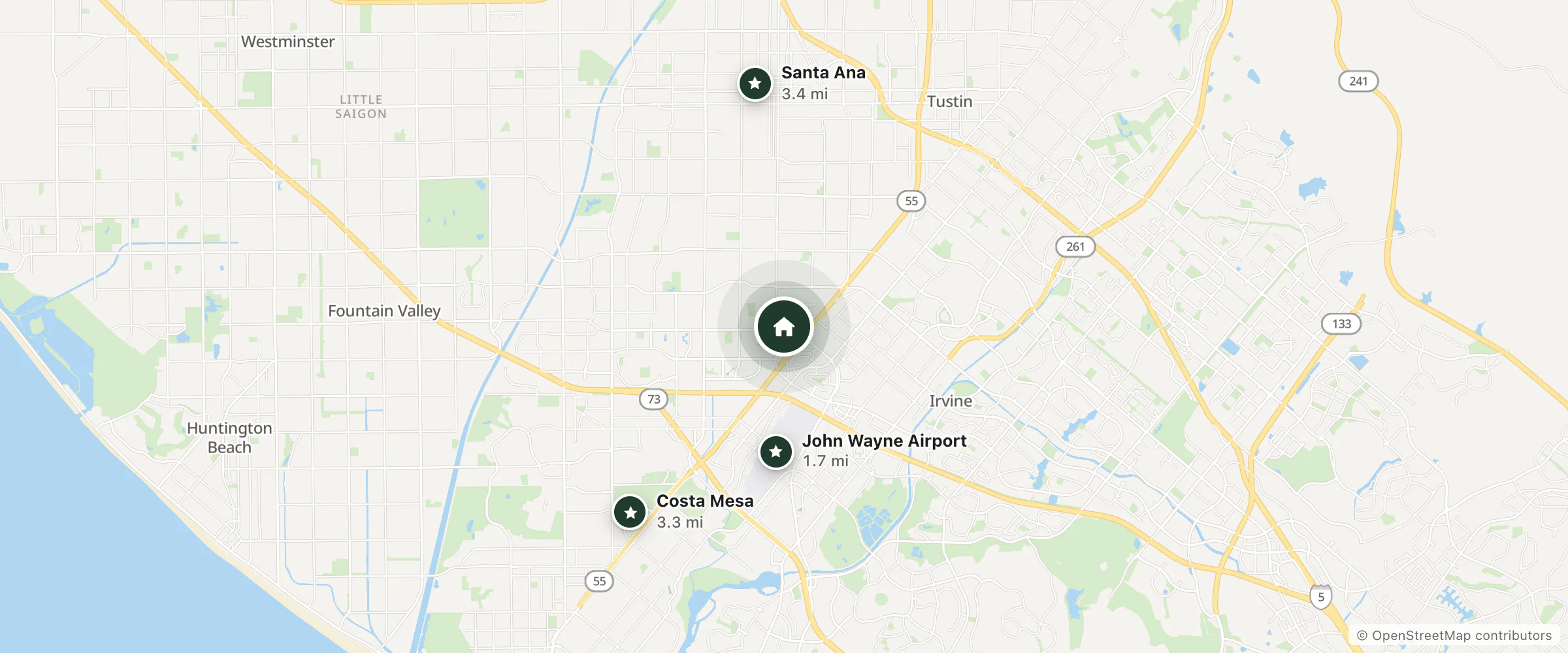 Map of Hotel Zessa and nearby John Wayne Airport, Costa Mesa and Santa Ana