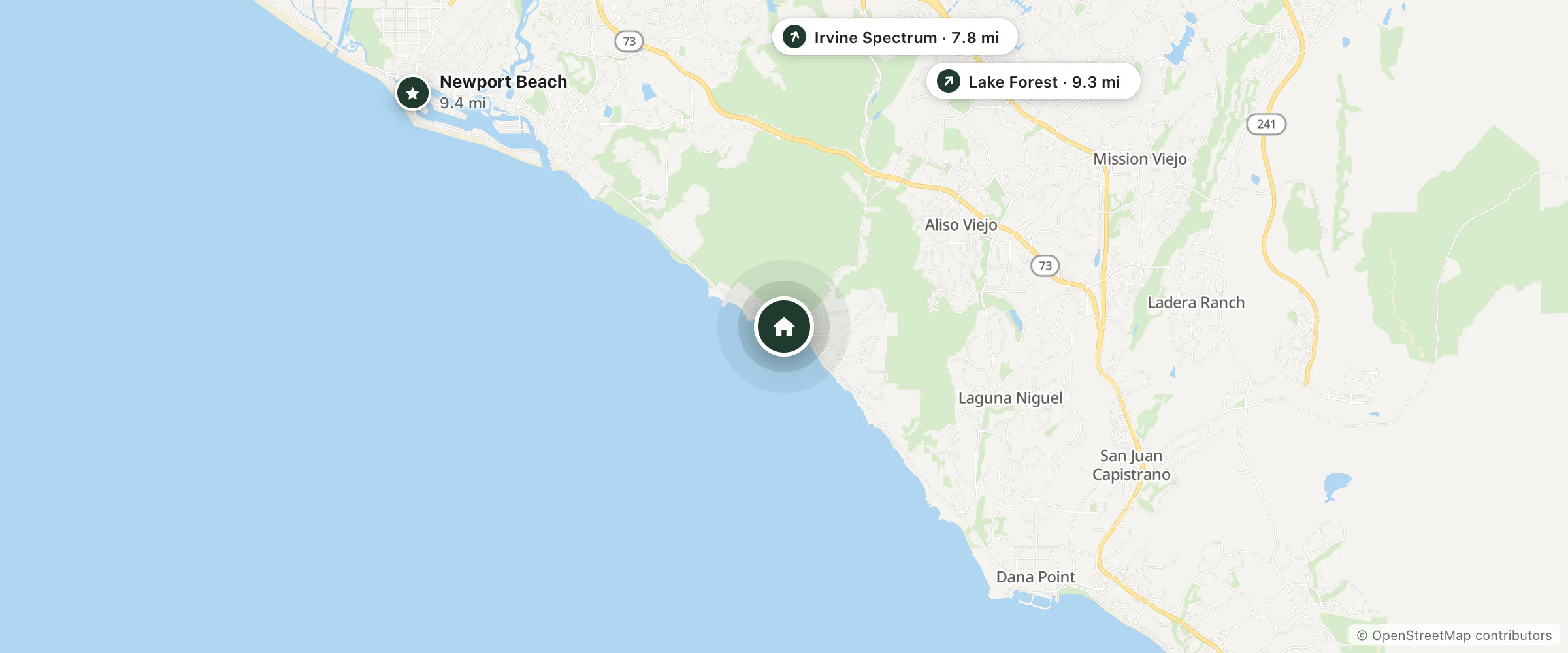 Map of Laguna Beach House and nearby Irvine Spectrum, Lake Forest and Newport Beach