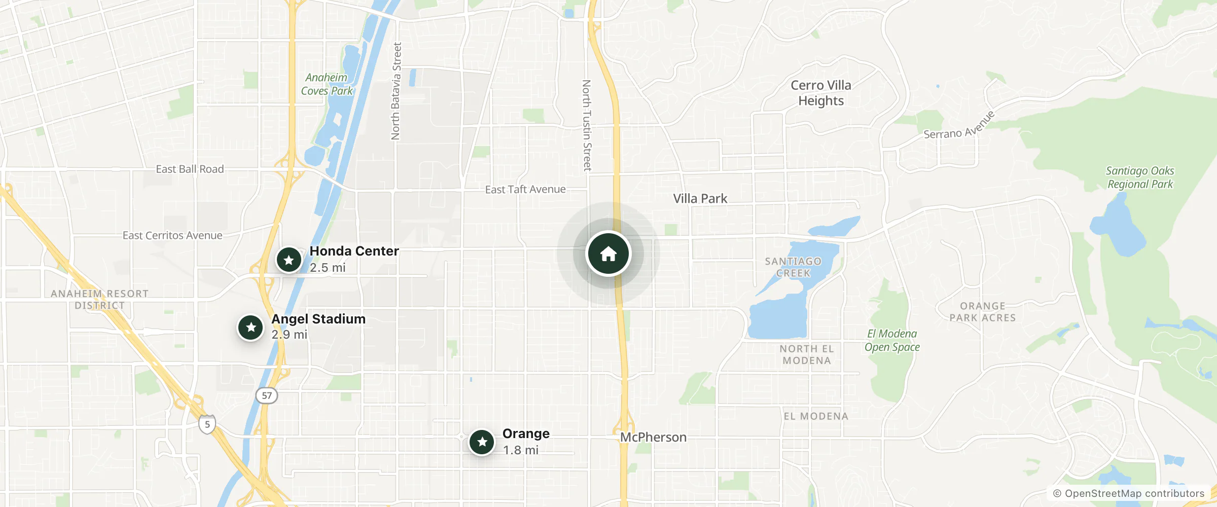 Map of Casa Camino Hotel And Suites and nearby Orange, Honda Center and Angel Stadium