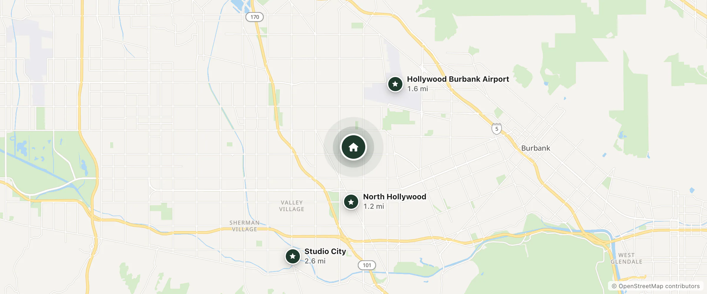 Map of Sleepy Dancers and nearby North Hollywood, Hollywood Burbank Airport and Studio City