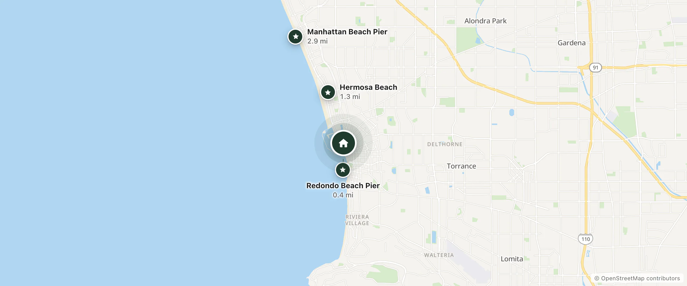 Map of Sonesta Redondo Beach & Marina and nearby Redondo Beach Pier, Hermosa Beach and Manhattan Beach Pier