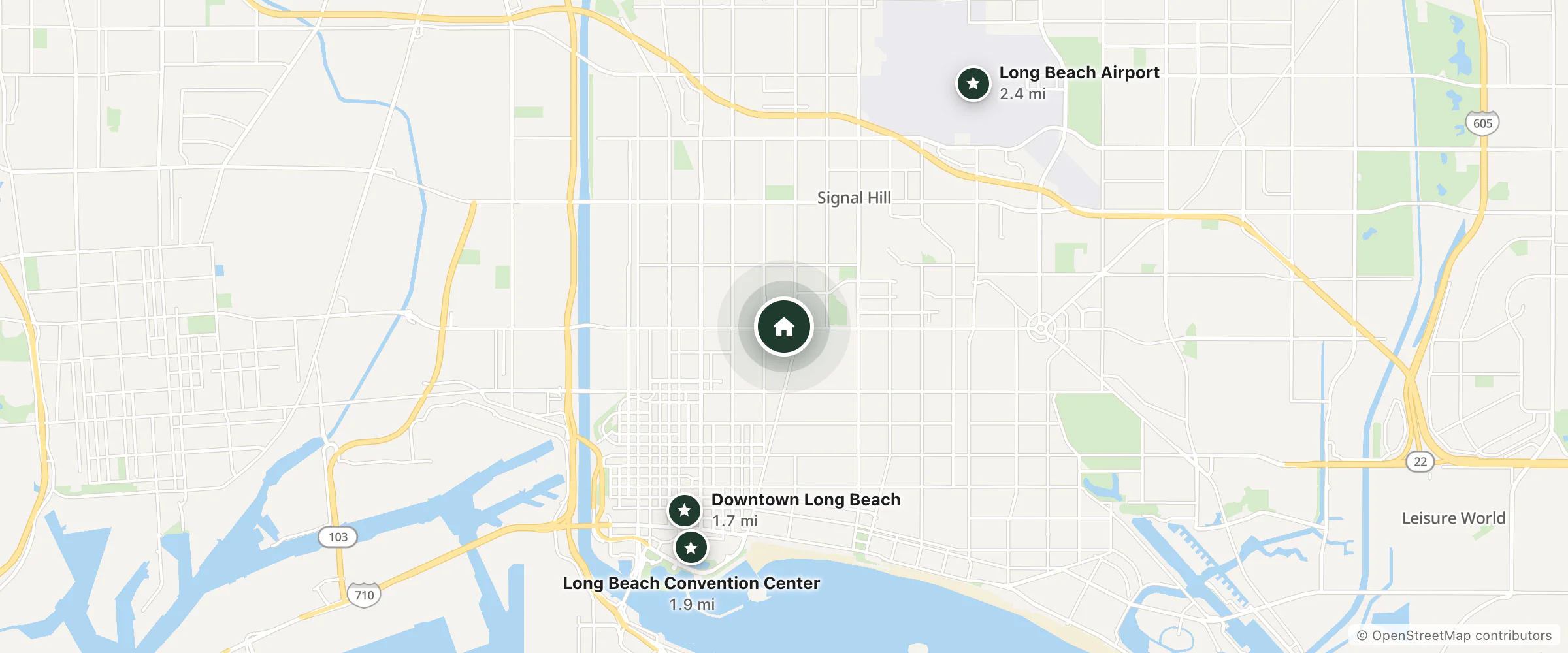 Map of Motel 6 and nearby Downtown Long Beach, Long Beach Convention Center and Long Beach Airport