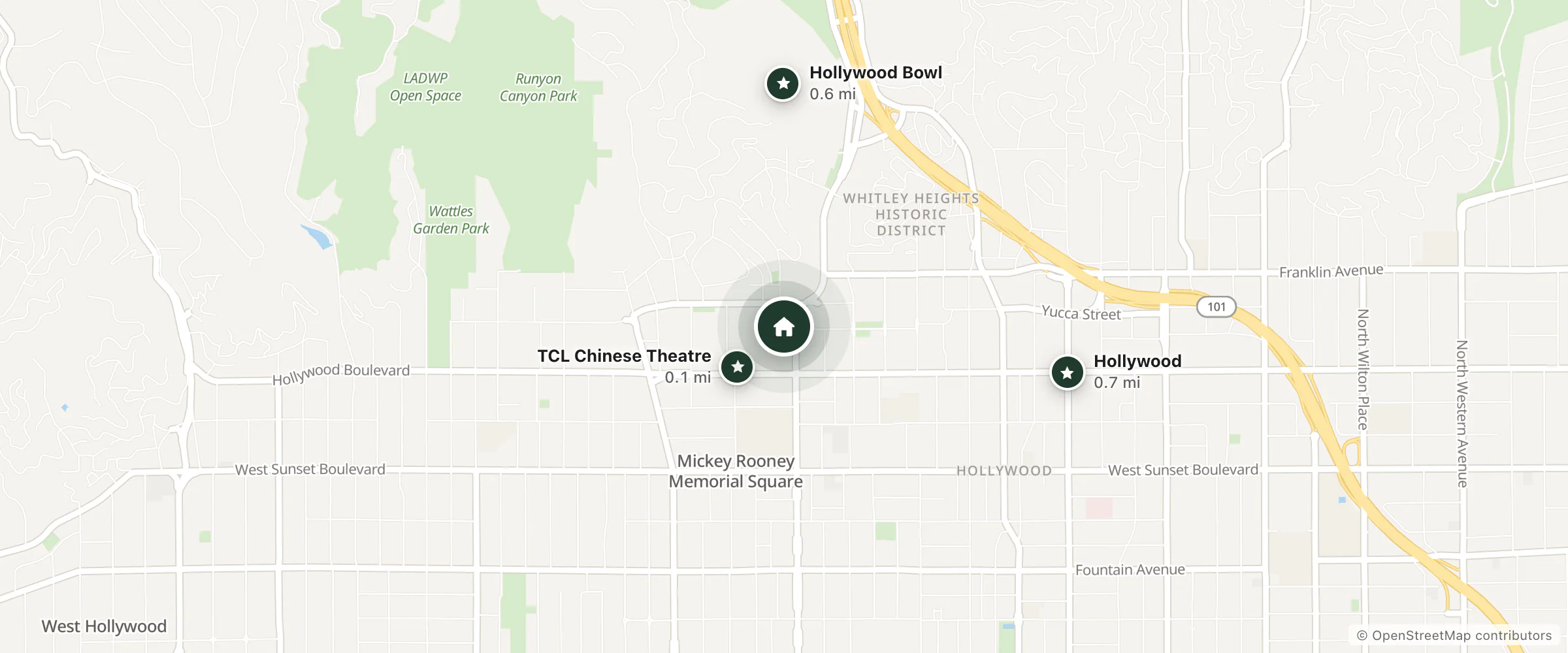 Map of Loews Hollywood Hotel and nearby TCL Chinese Theatre, Hollywood Bowl and Hollywood