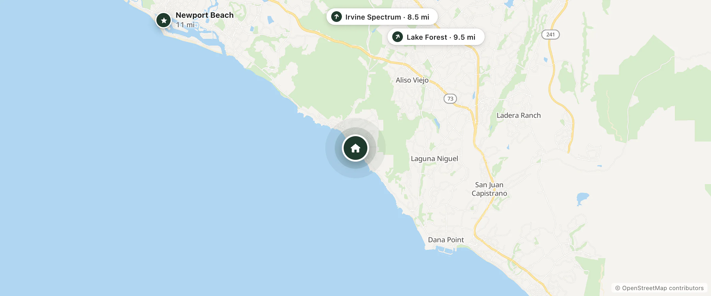 Map of Laguna Brisas Hotel and nearby Irvine Spectrum, Lake Forest and Newport Beach
