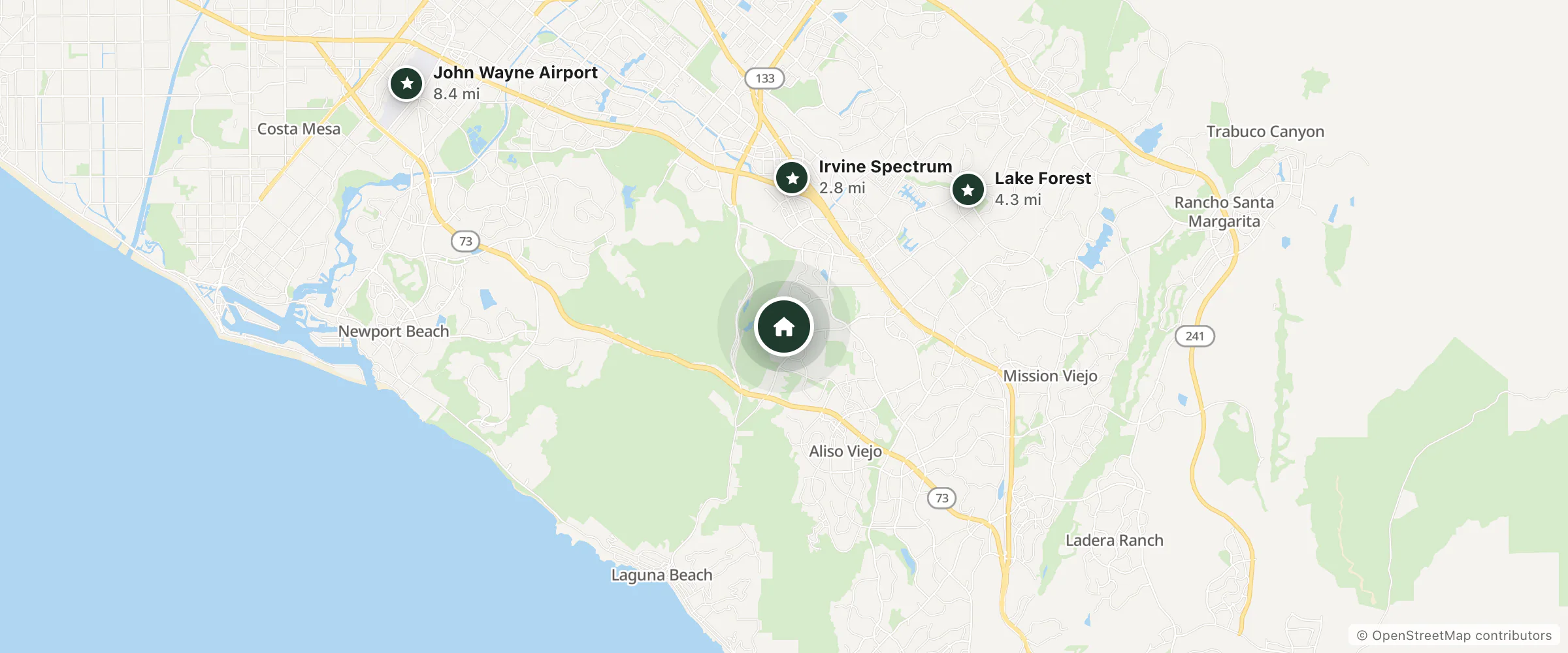 Map of Leisure World and nearby Irvine Spectrum, Lake Forest and John Wayne Airport