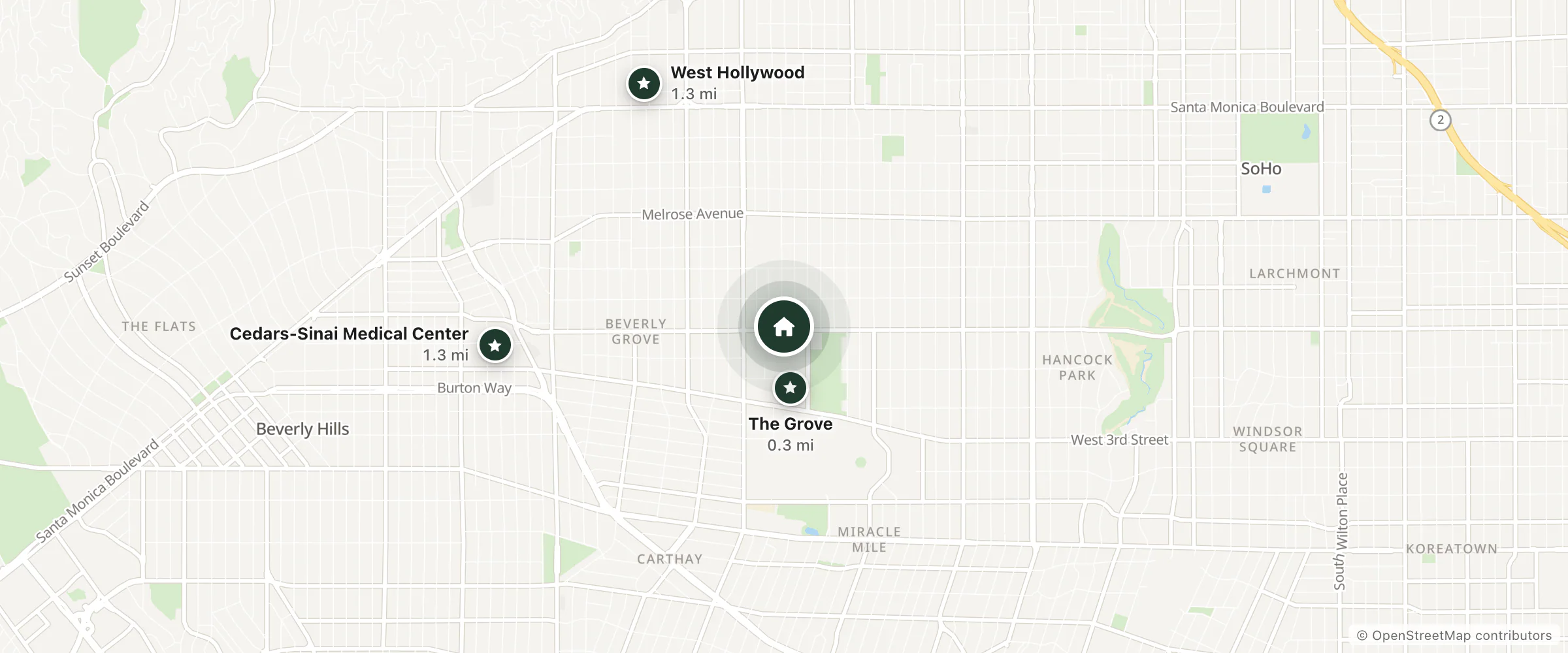 Map of SureStay Hotel and nearby The Grove, West Hollywood and Cedars-Sinai Medical Center