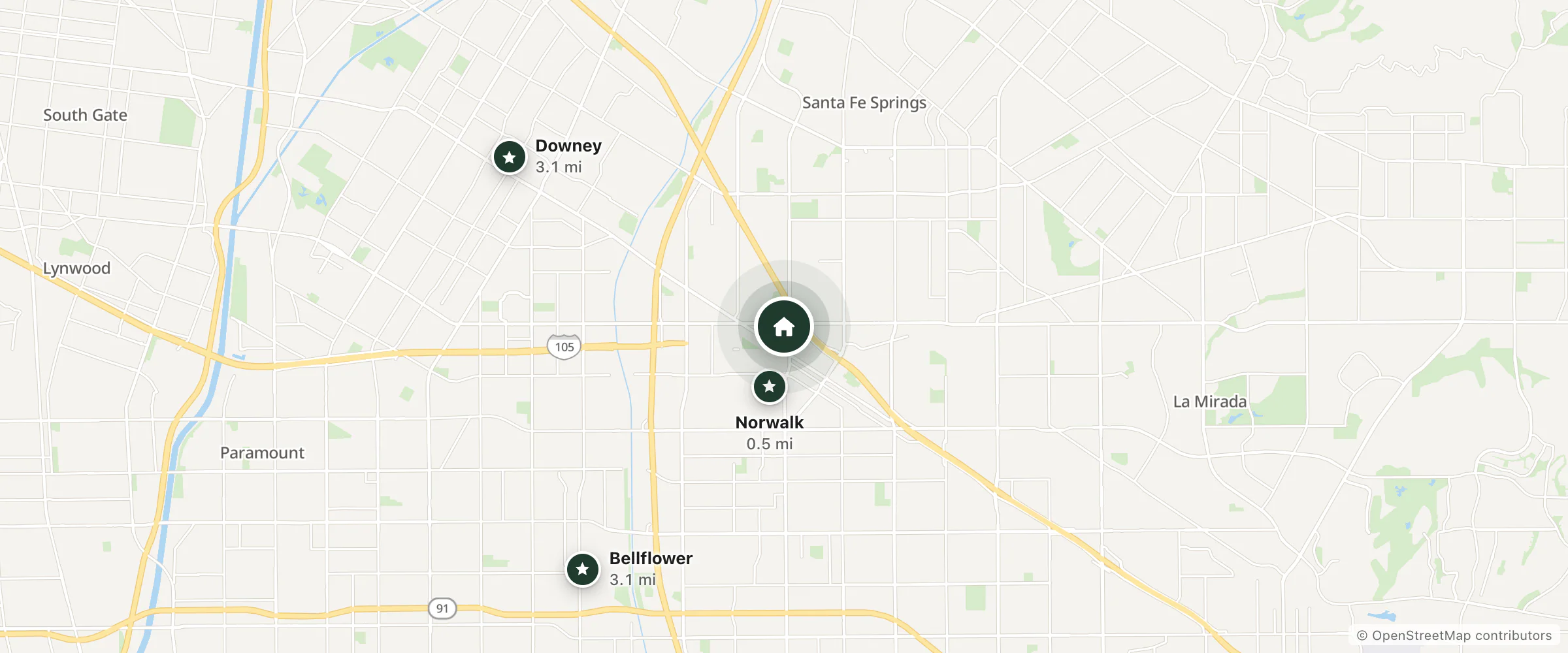 Map of Motel 6 Norwalk and nearby Norwalk, Bellflower and Downey