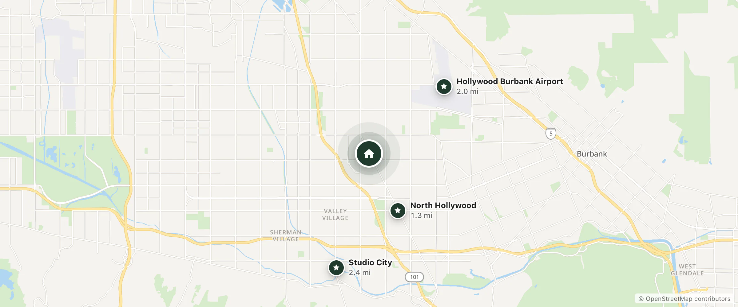 Map of Flamingo Motel and nearby North Hollywood, Hollywood Burbank Airport and Studio City