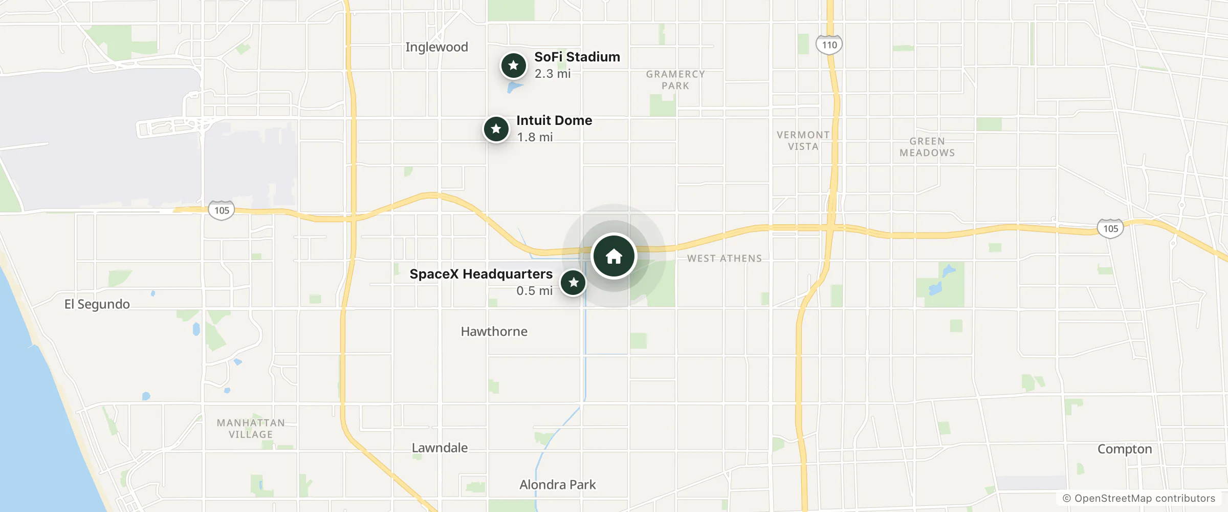 Map of Marriott and nearby SpaceX Headquarters, Intuit Dome and SoFi Stadium