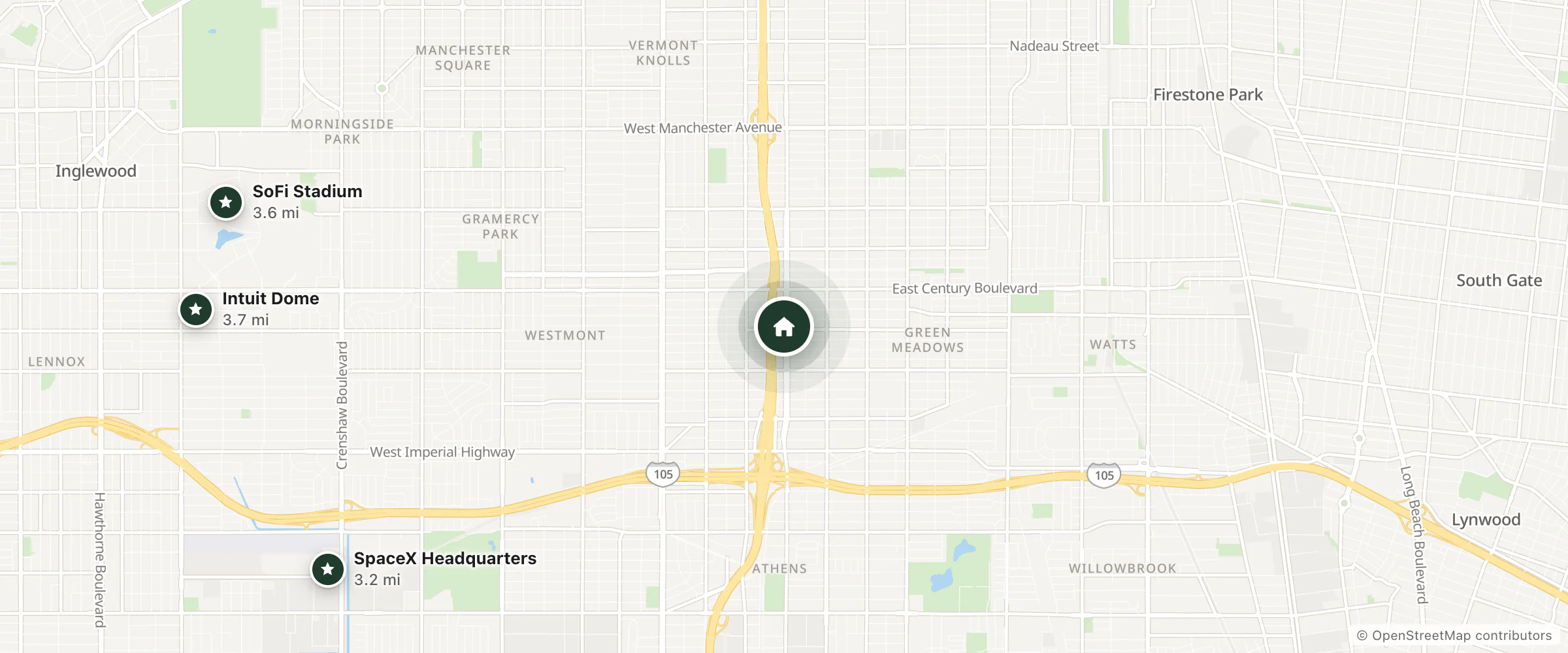 Map of Hi-lite Motel and nearby SpaceX Headquarters, SoFi Stadium and Intuit Dome