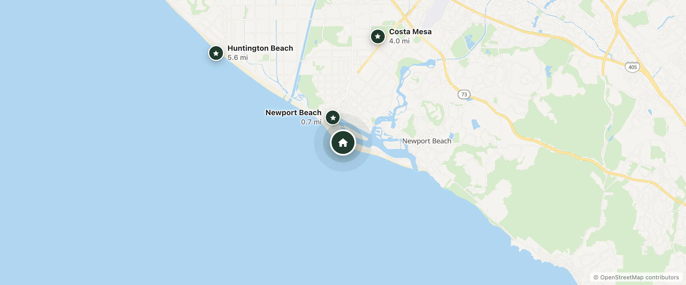 Map of Bay Shores Peninsula Hotel and nearby Newport Beach, Costa Mesa and Huntington Beach