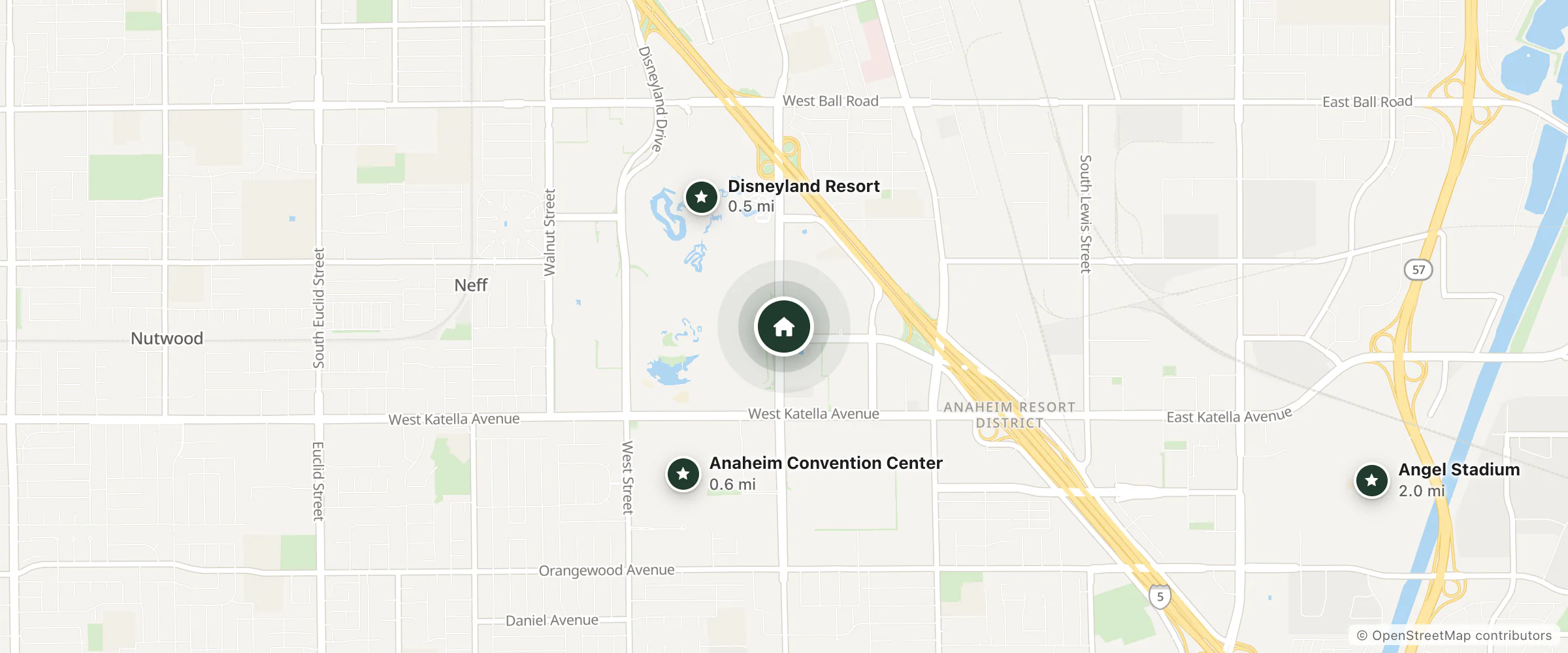 Map of Grand Legacy At The Park and nearby Disneyland Resort, Anaheim Convention Center and Angel Stadium