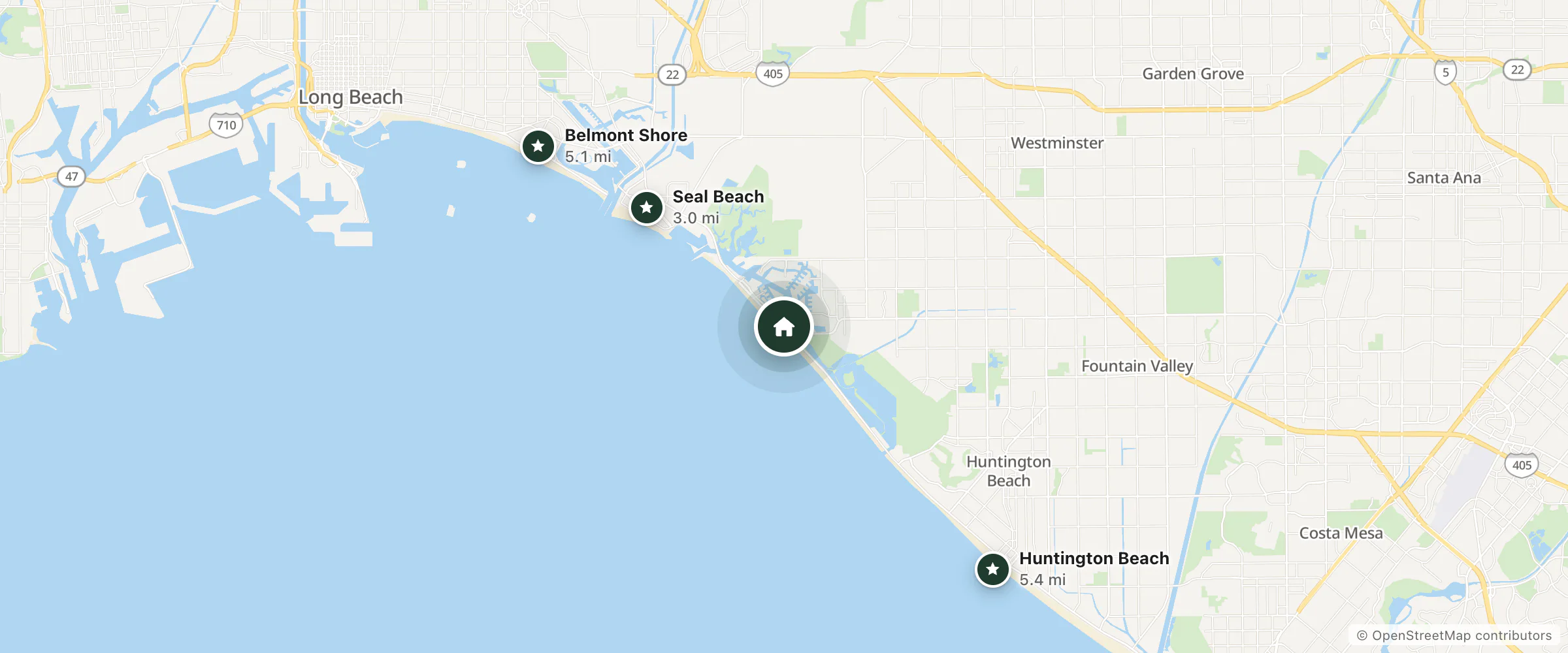 Map of Beso Del Sol and nearby Seal Beach, Belmont Shore and Huntington Beach