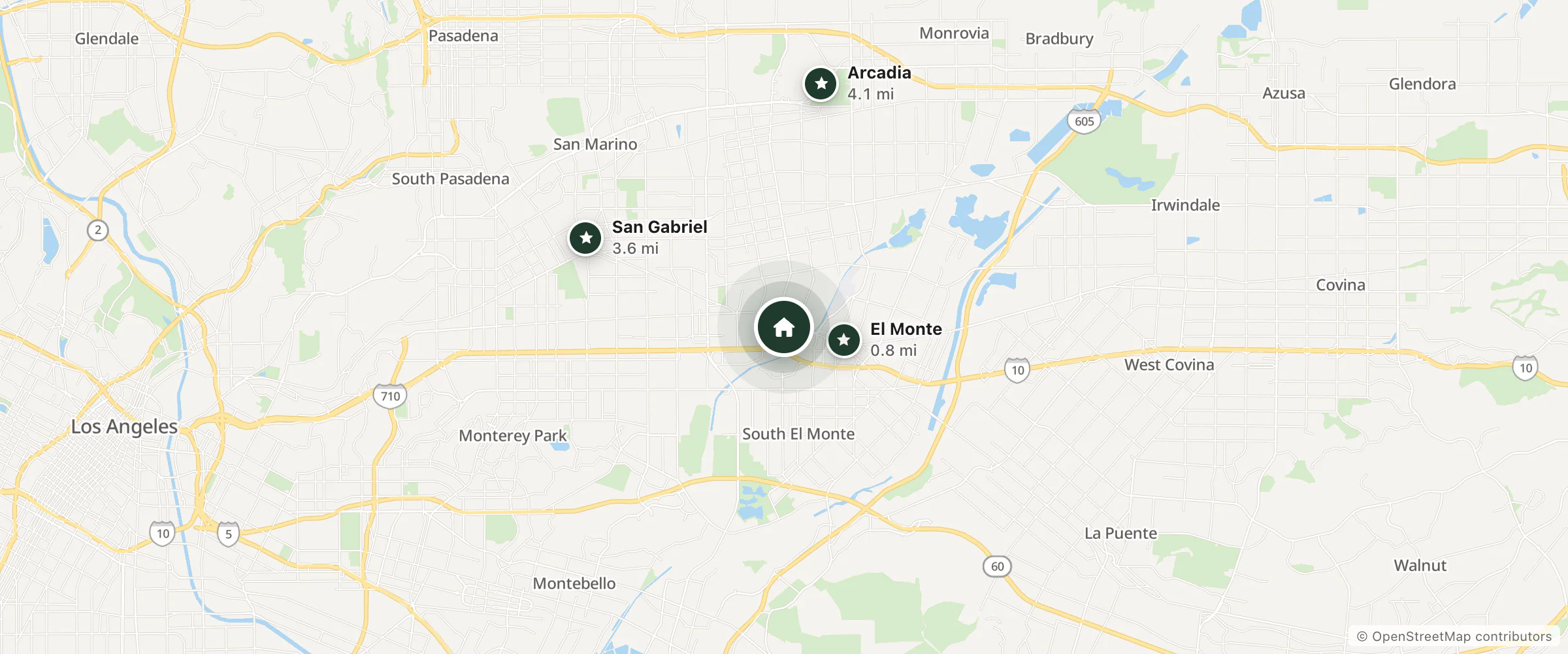 Map of Gibson Inn and nearby El Monte, San Gabriel and Arcadia