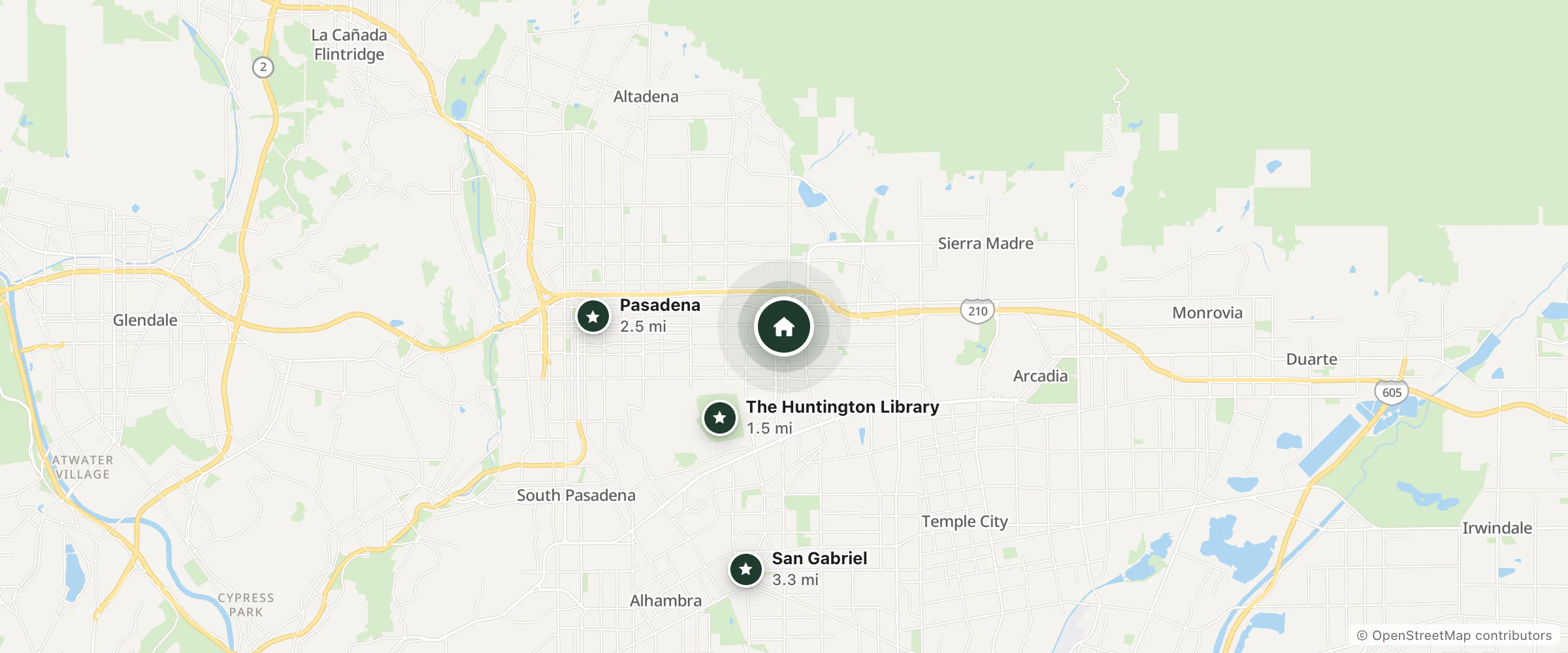 Map of Hyland Inn near Pasadena Civic Center and nearby The Huntington Library, Pasadena and San Gabriel