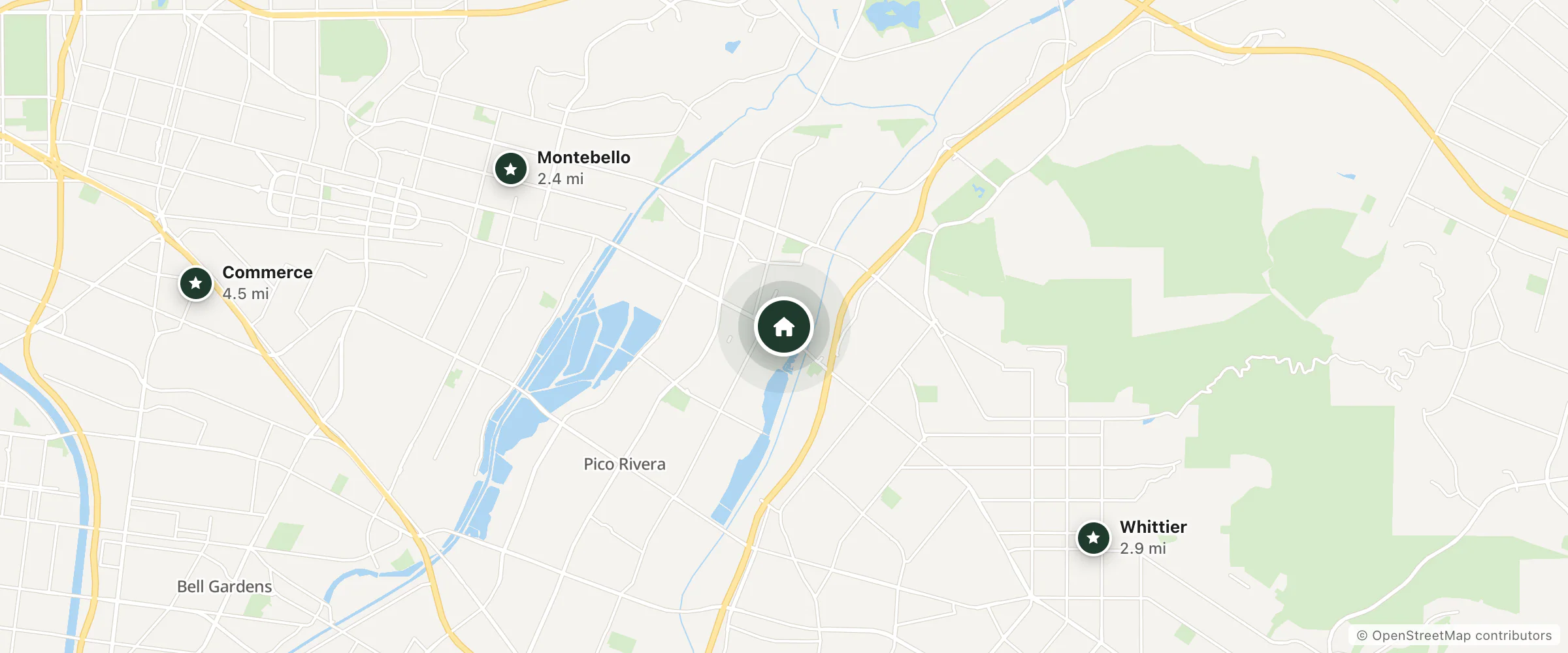Map of Howard Johnson and nearby Montebello, Whittier and Commerce