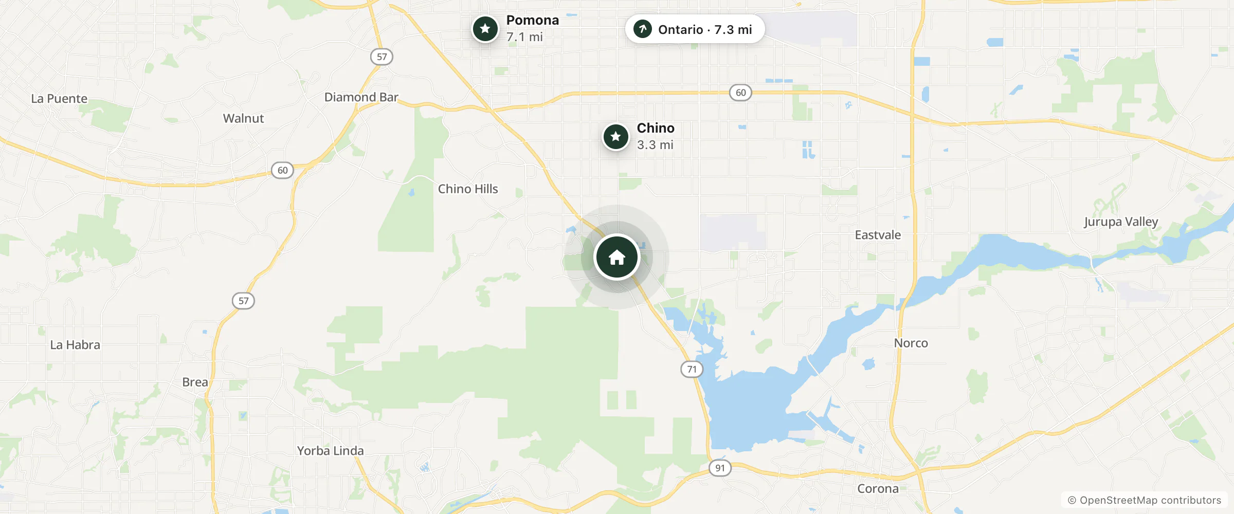 Map of Holiday Inn Express Chino Hills and nearby Chino, Pomona and Ontario