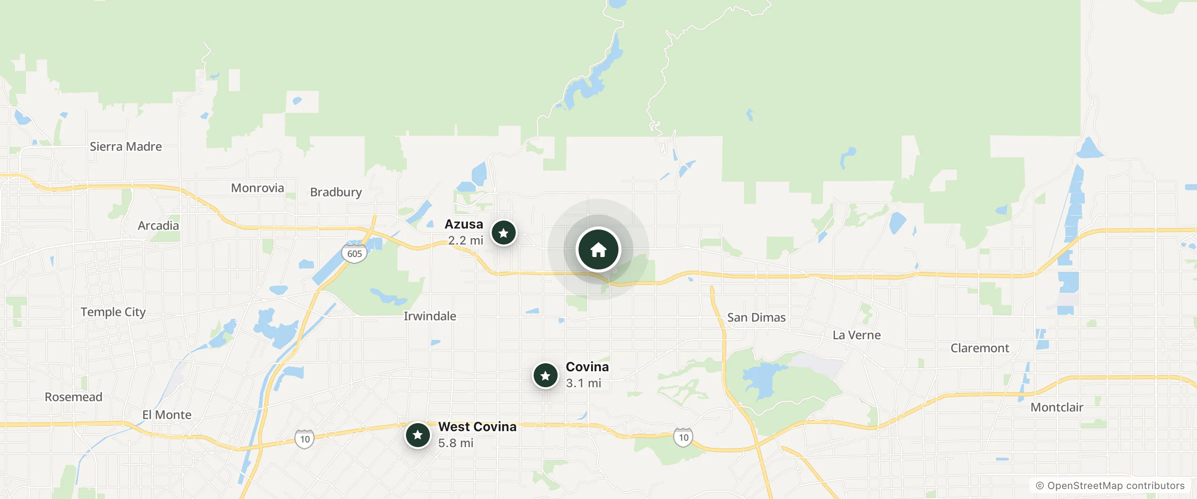 Map of Glendora Motel and nearby Azusa, Covina and West Covina