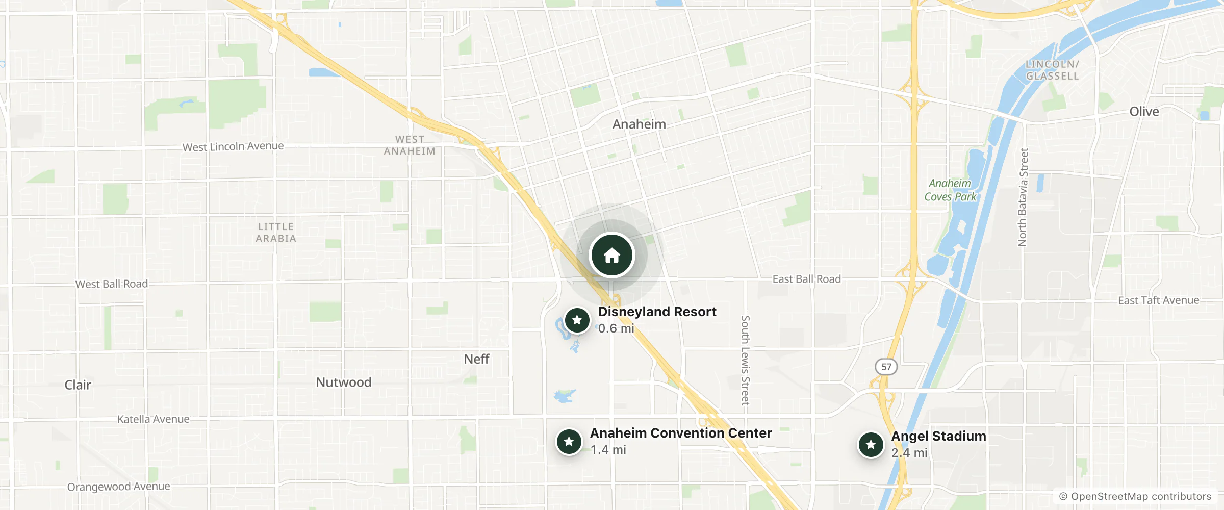 Map of Frontier Motel and nearby Disneyland Resort, Anaheim Convention Center and Angel Stadium