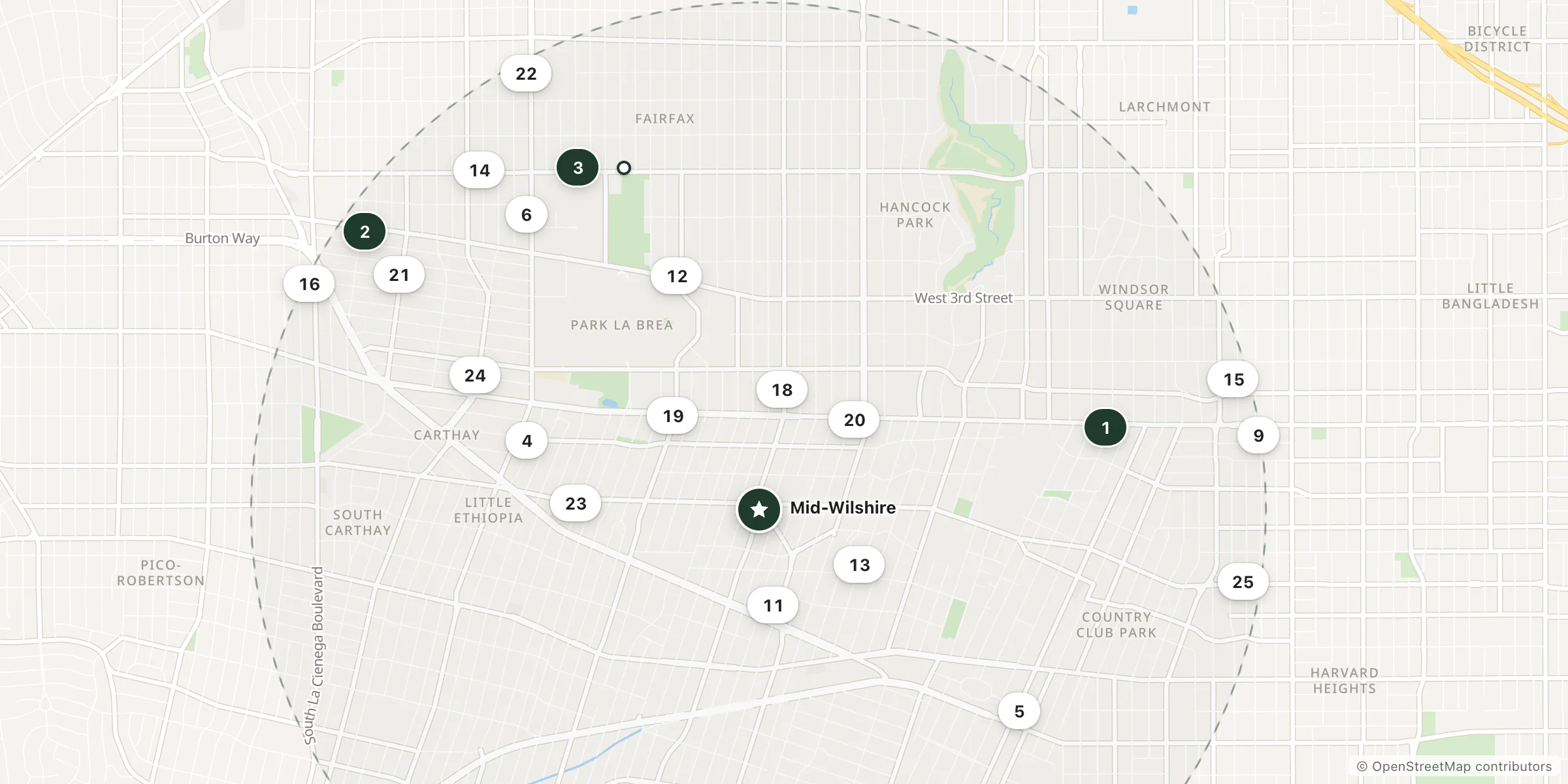 Map of hotels near Mid-Wilshire