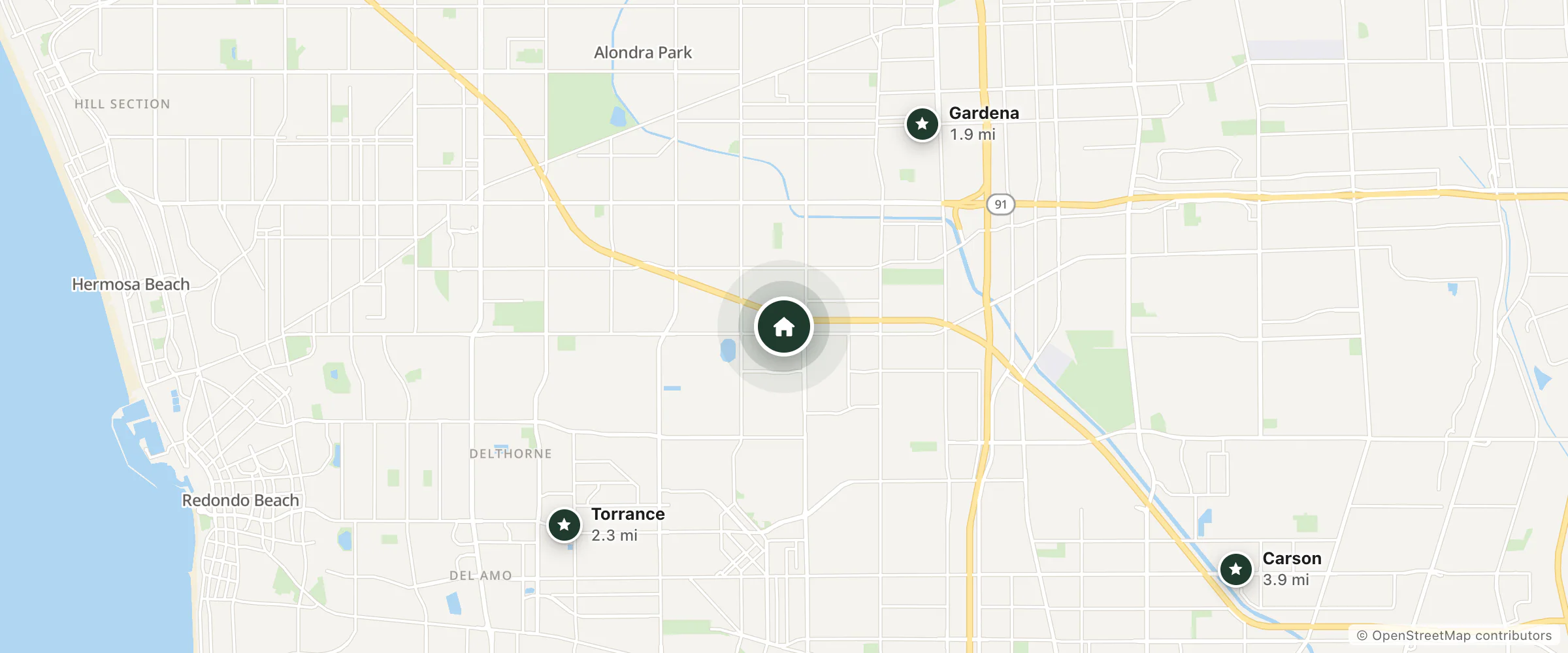 Map of Marriott Hotel - Los Angeles and nearby Gardena, Torrance and Carson