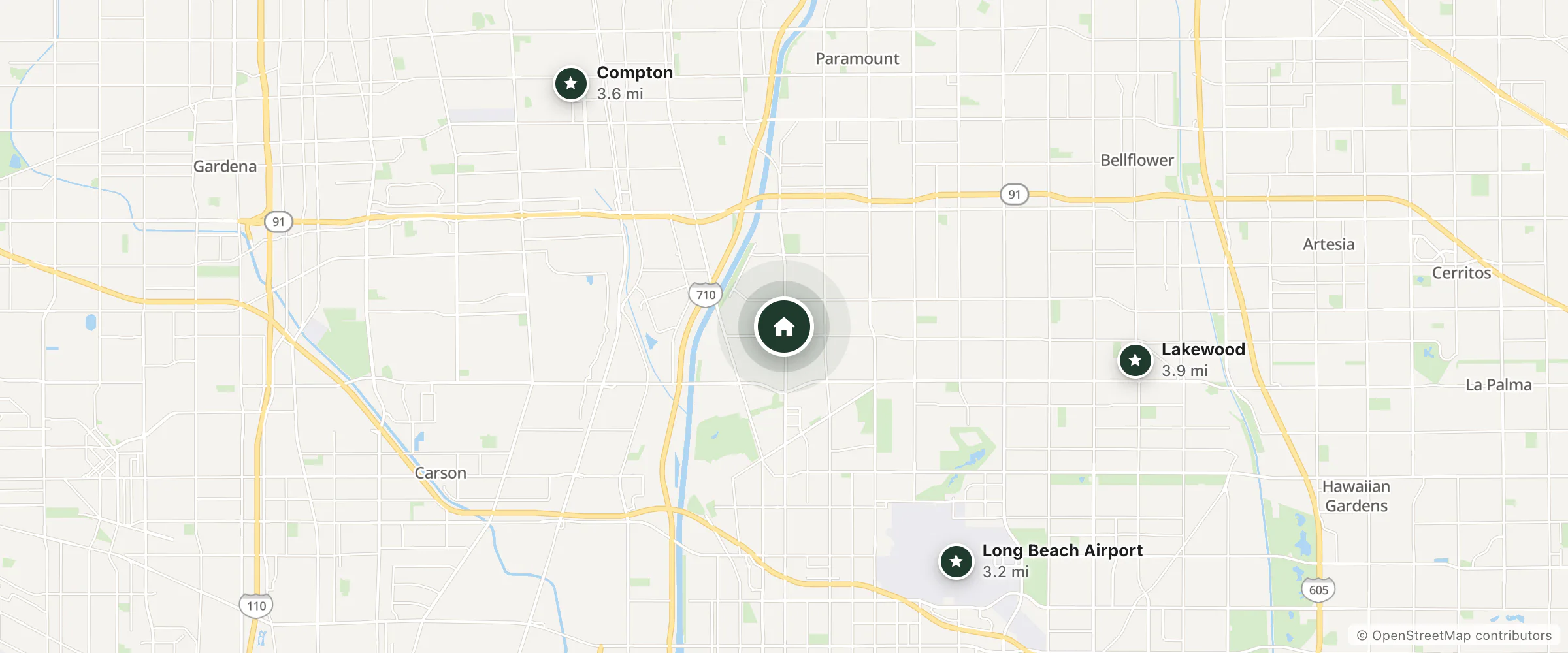 Map of Scottish Inns and nearby Long Beach Airport, Compton and Lakewood