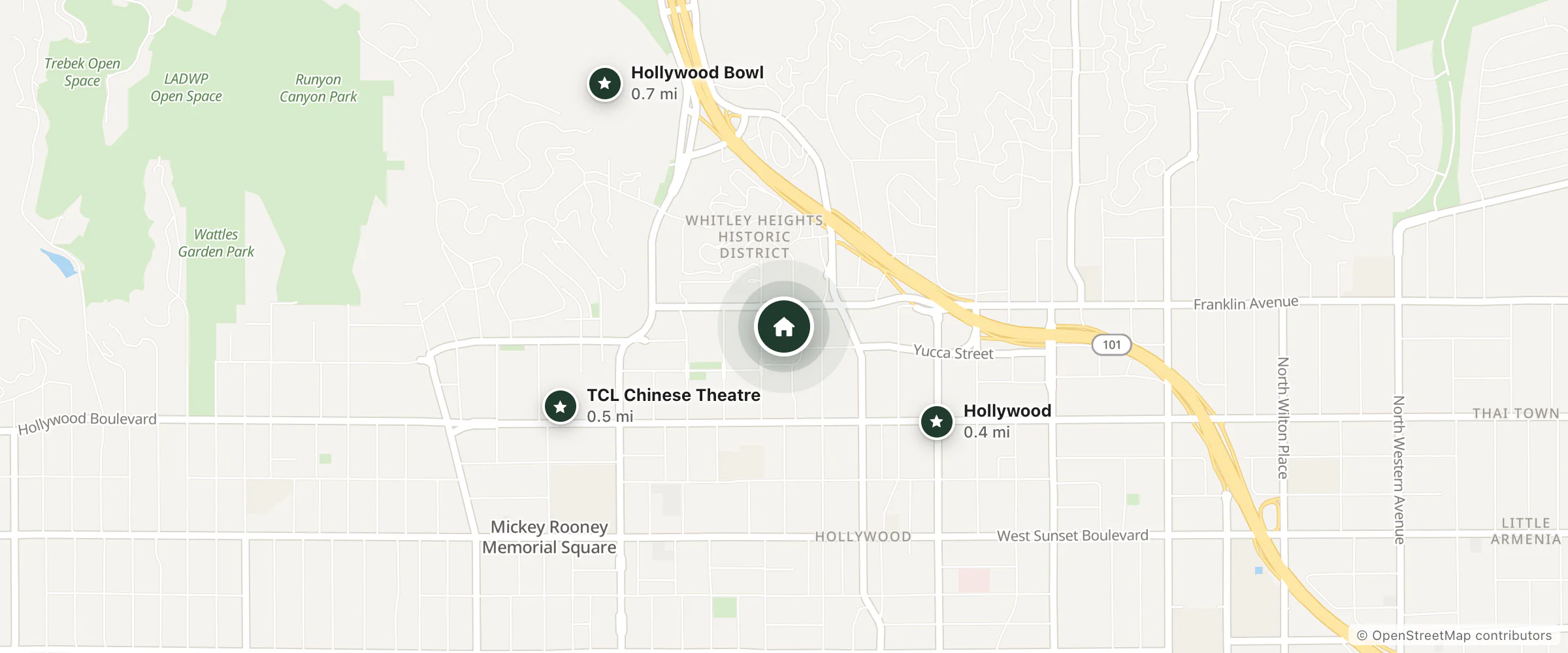 Map of Hollywood Bowl Residence and nearby Hollywood, TCL Chinese Theatre and Hollywood Bowl