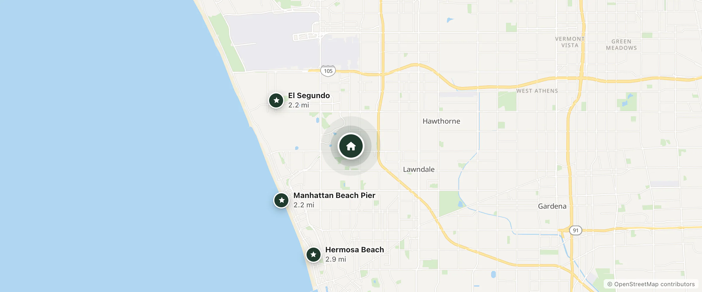 Map of Hyatt House Los Angeles Lax Manhattan Beach and nearby El Segundo, Manhattan Beach Pier and Hermosa Beach