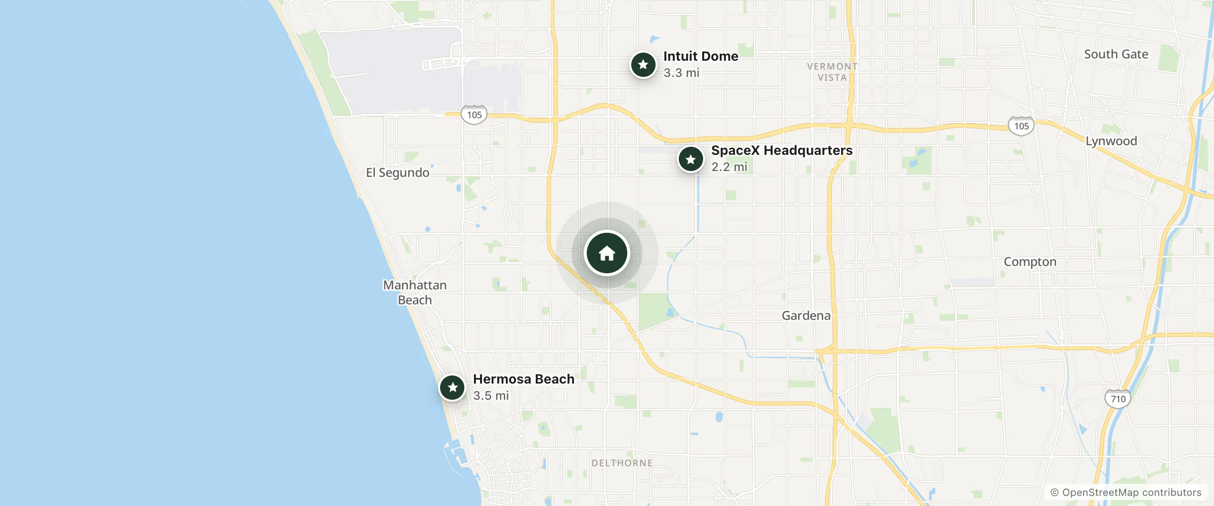 Map of Budget Inn and nearby SpaceX Headquarters, Intuit Dome and Hermosa Beach