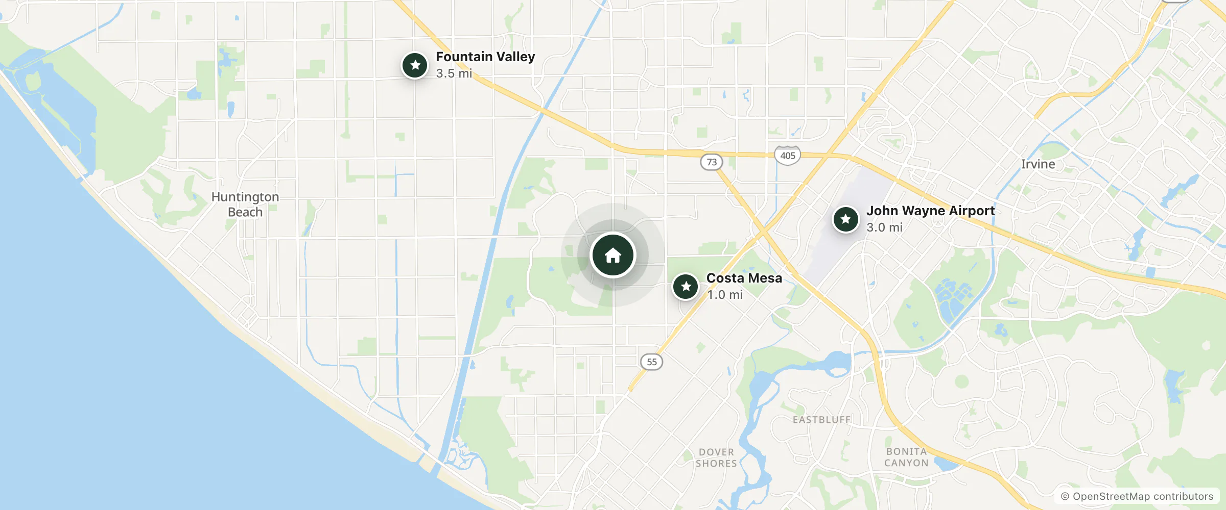 Map of Super 8 by Wyndham Costa Mesa/Newport Beach Area and nearby Costa Mesa, John Wayne Airport and Fountain Valley