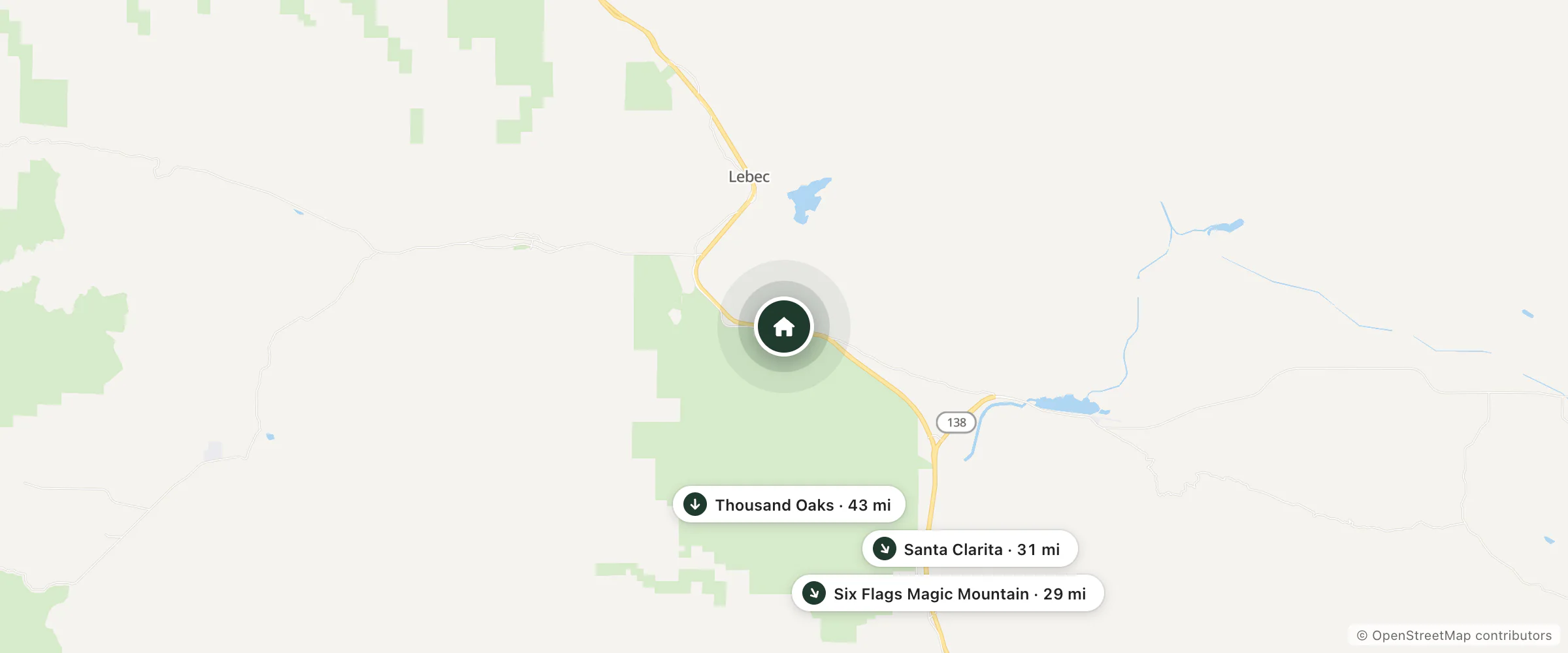 Map of Studio 6 Gorman CA and nearby Six Flags Magic Mountain, Santa Clarita and Thousand Oaks