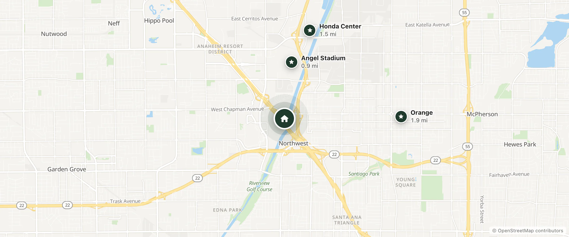 Map of Motel 6 and nearby Angel Stadium, Honda Center and Orange