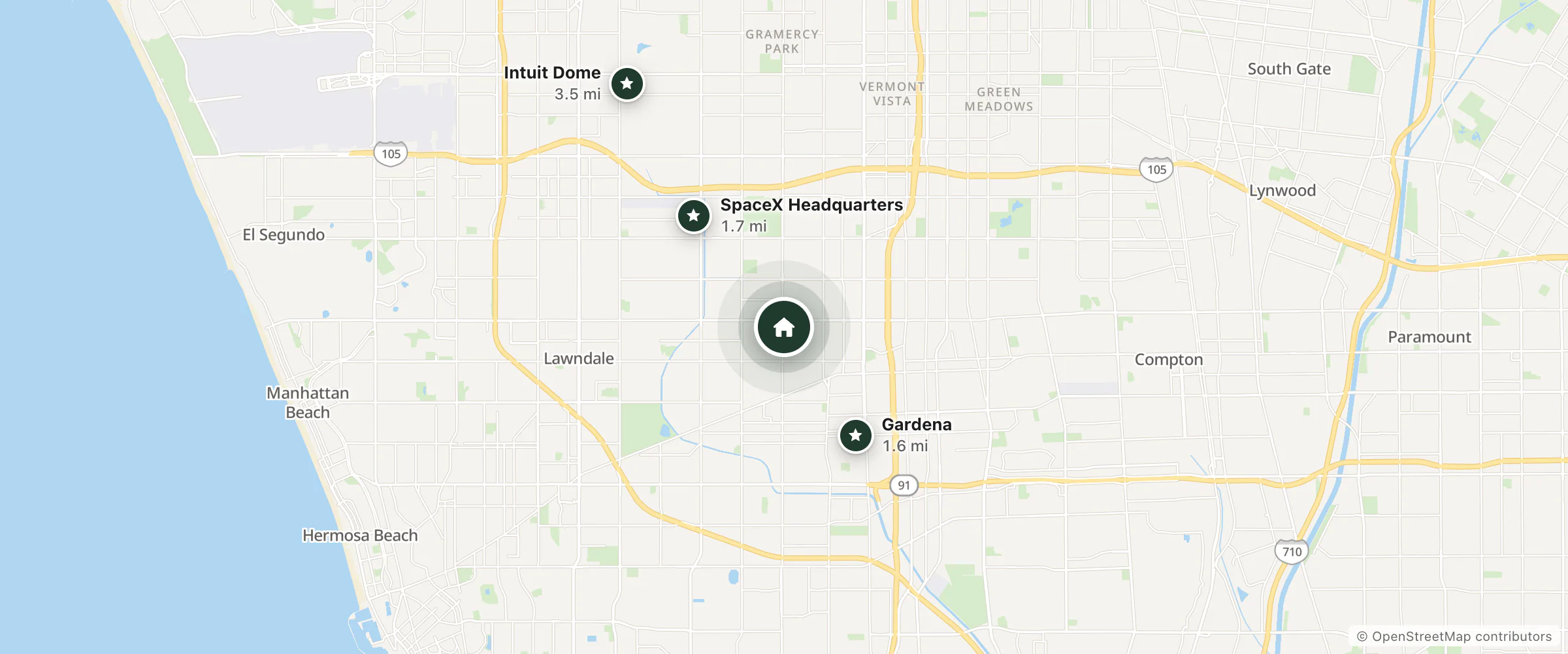 Map of Best Western Plus Gardena Inn & Suites and nearby Gardena, SpaceX Headquarters and Intuit Dome