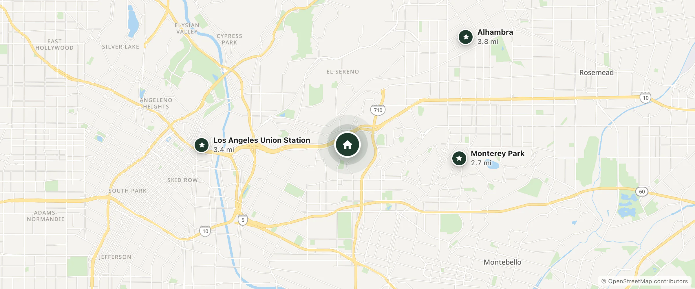 Map of Vista Motel and nearby Monterey Park, Los Angeles Union Station and Alhambra