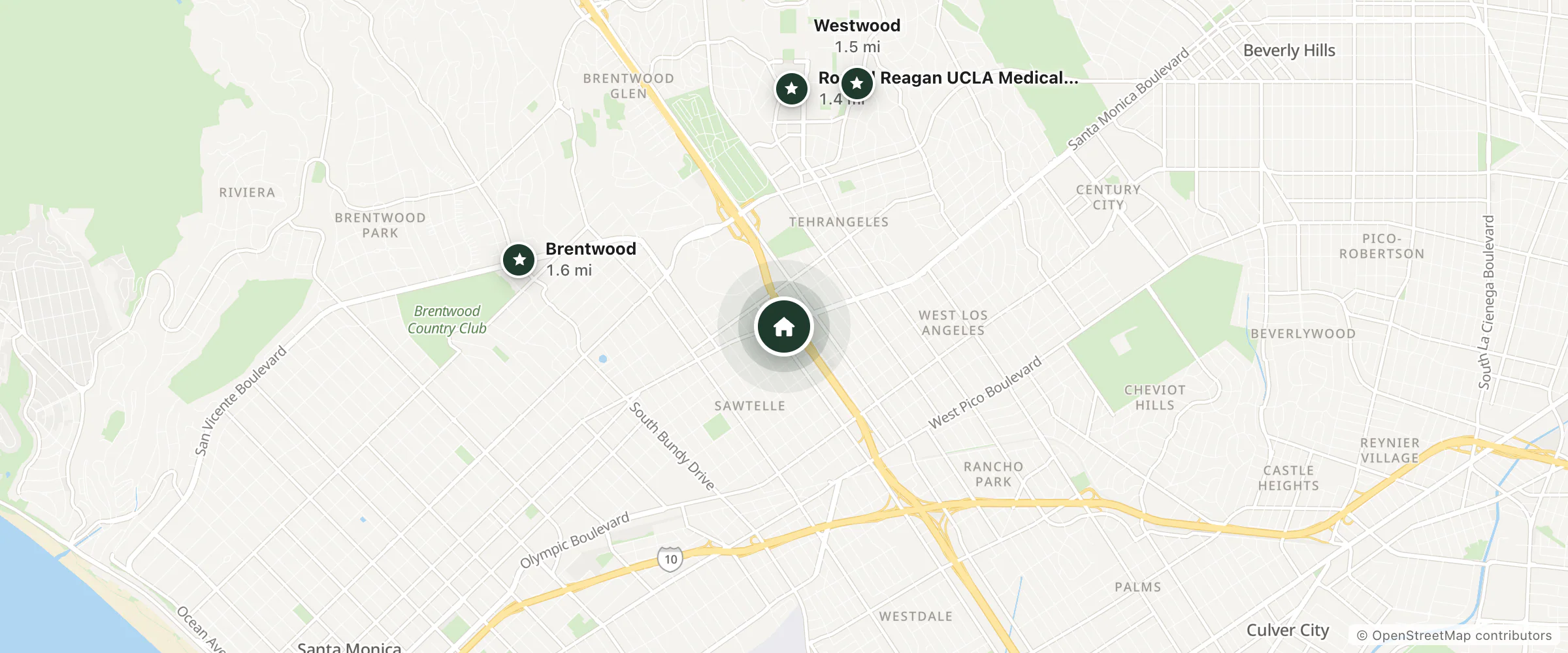 Map of Holiday Inn Express West Los Angeles-Santa Monica and nearby Ronald Reagan UCLA Medical Center, Westwood and Brentwood