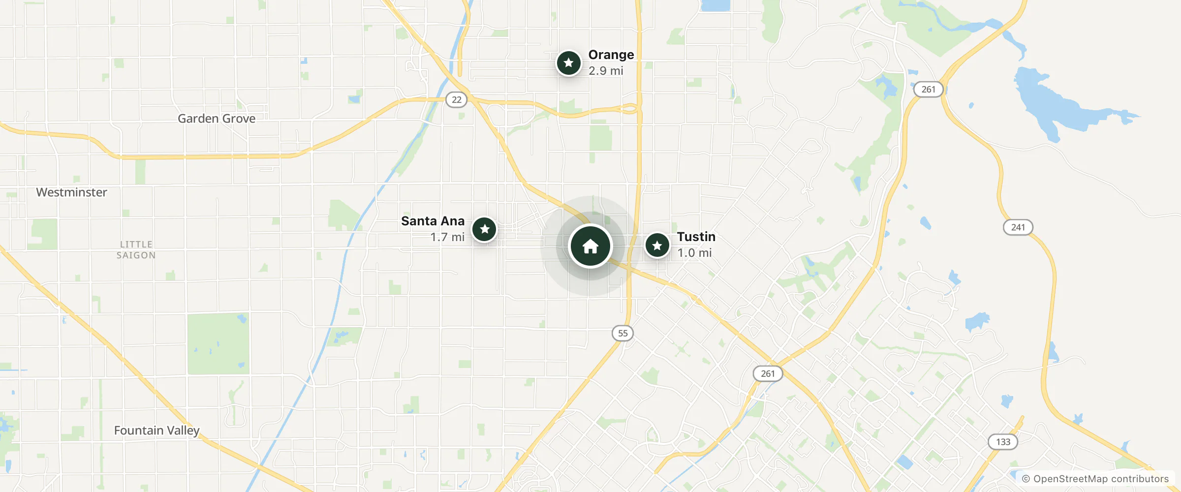 Map of Saddleback Lodge and nearby Tustin, Santa Ana and Orange