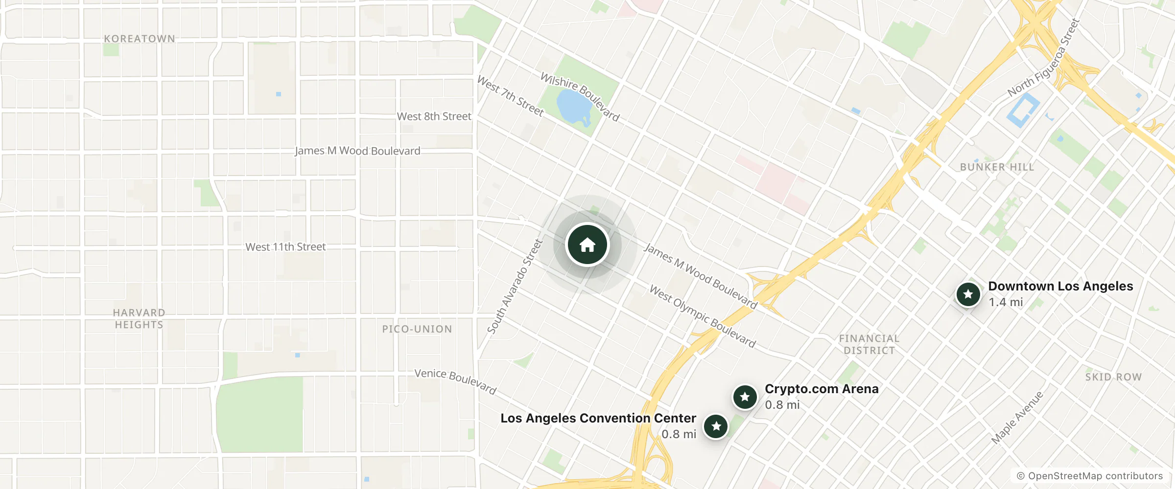 Map of Staples Center Inn and nearby Crypto.com Arena, Los Angeles Convention Center and Downtown Los Angeles