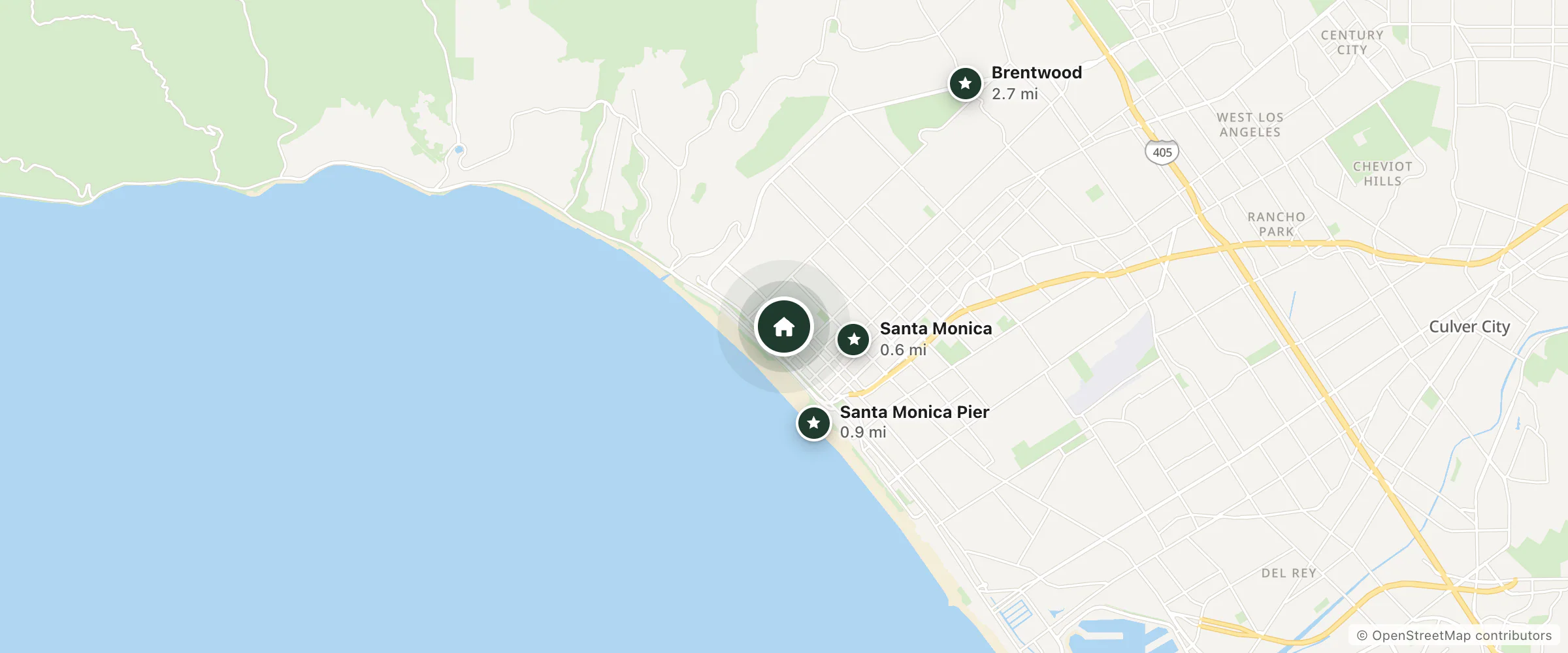 Map of Palihouse Santa Monica and nearby Santa Monica, Santa Monica Pier and Brentwood