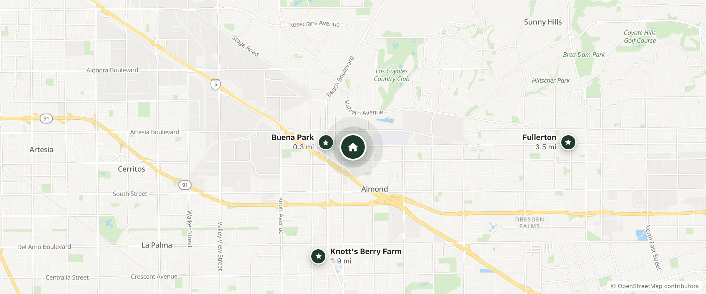 Map of Commonwealth Airport Inn and nearby Buena Park, Knott's Berry Farm and Fullerton