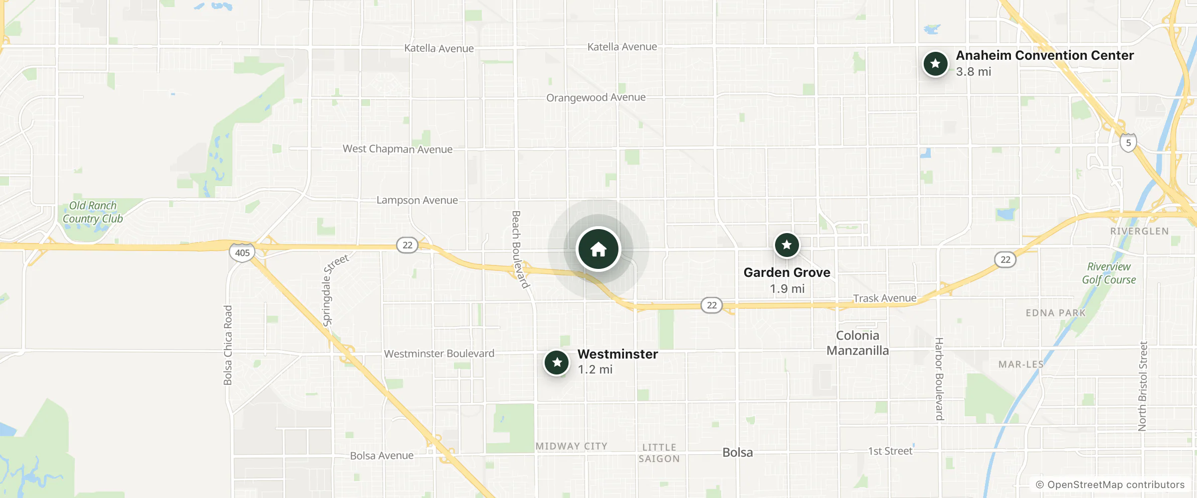 Map of Tropic Lodge and nearby Westminster, Garden Grove and Anaheim Convention Center