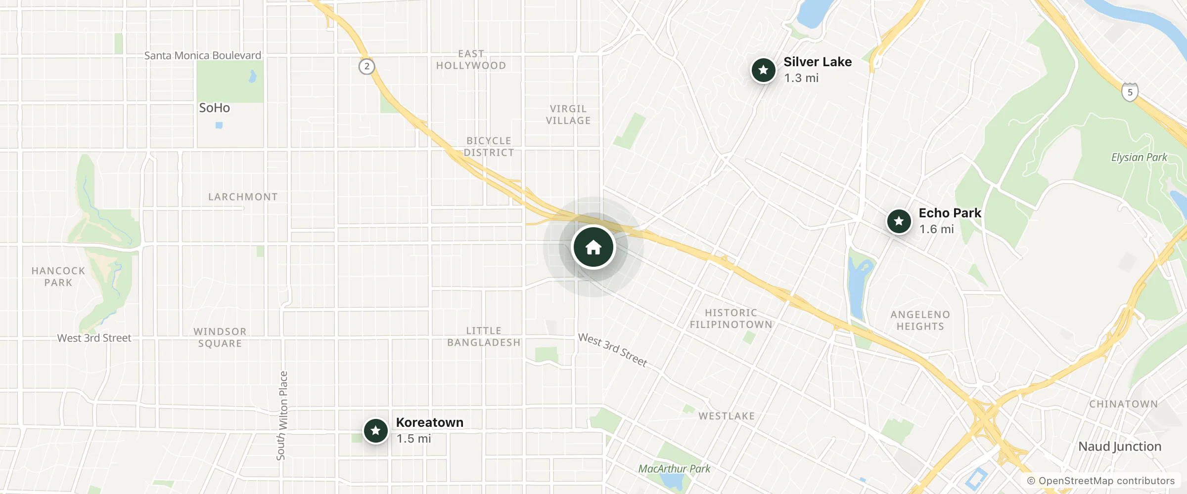 Map of Hotel Silver Lake Los Angeles and nearby Silver Lake, Koreatown and Echo Park
