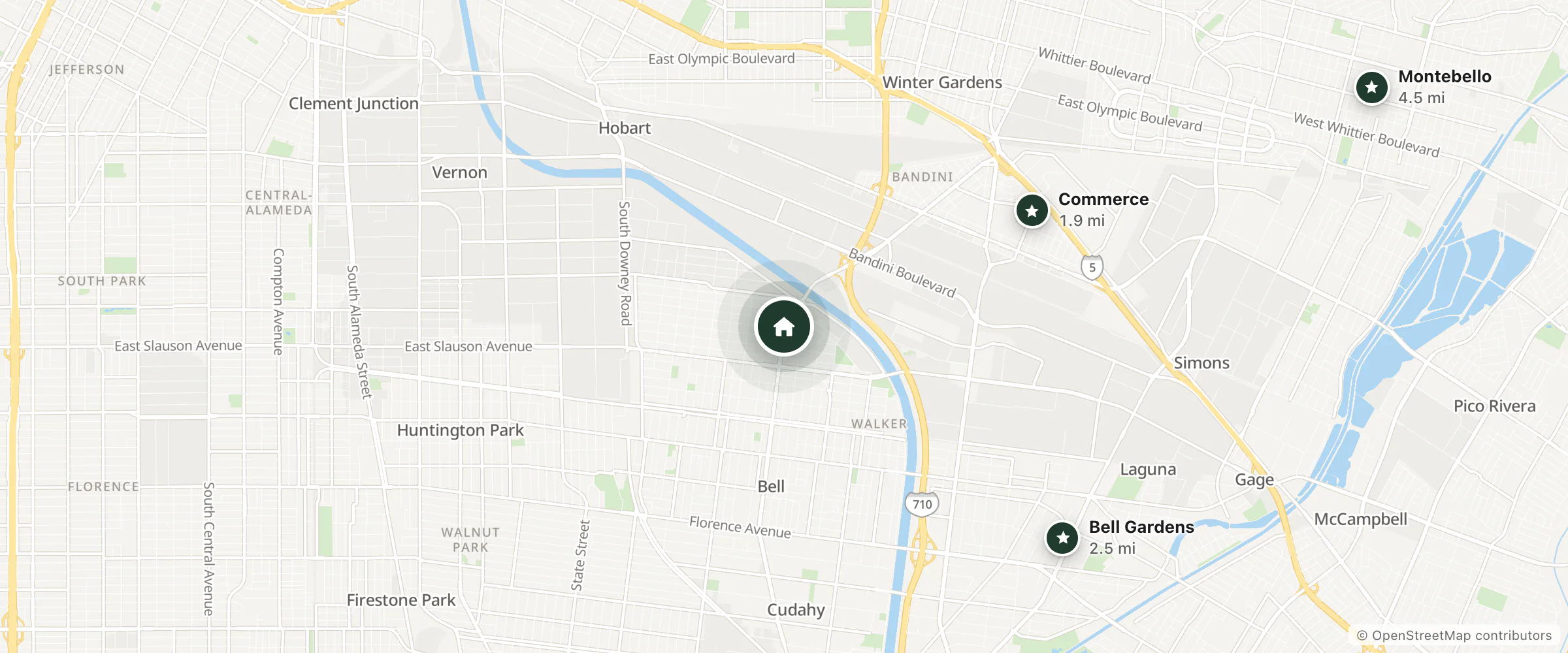 Map of Maywood Inn and nearby Commerce, Bell Gardens and Montebello